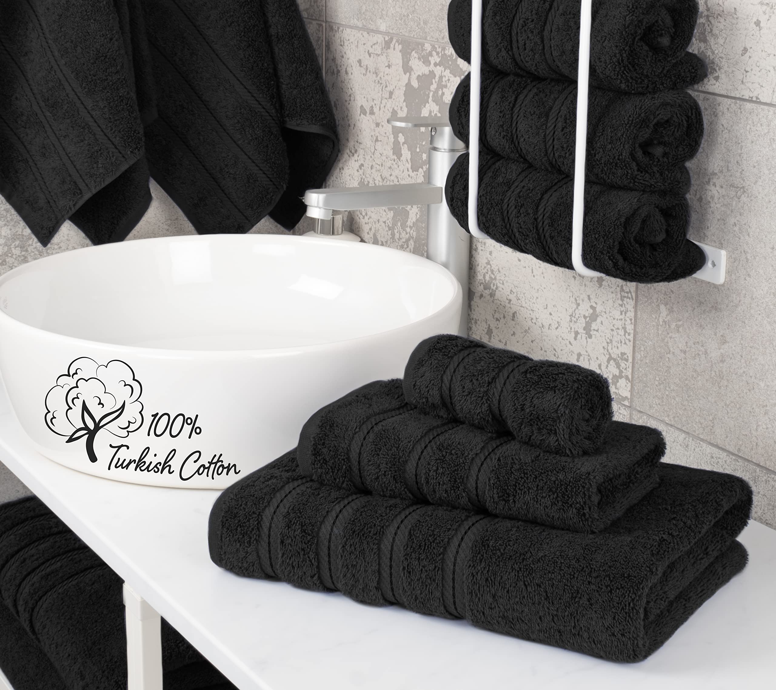 American Soft Linen 3 Piece Towel Sets  1 Bath Towel 1 Hand Towel 1 Washcloth  100% Turkish Cotton Towels for Bathroom  Black Towel Set