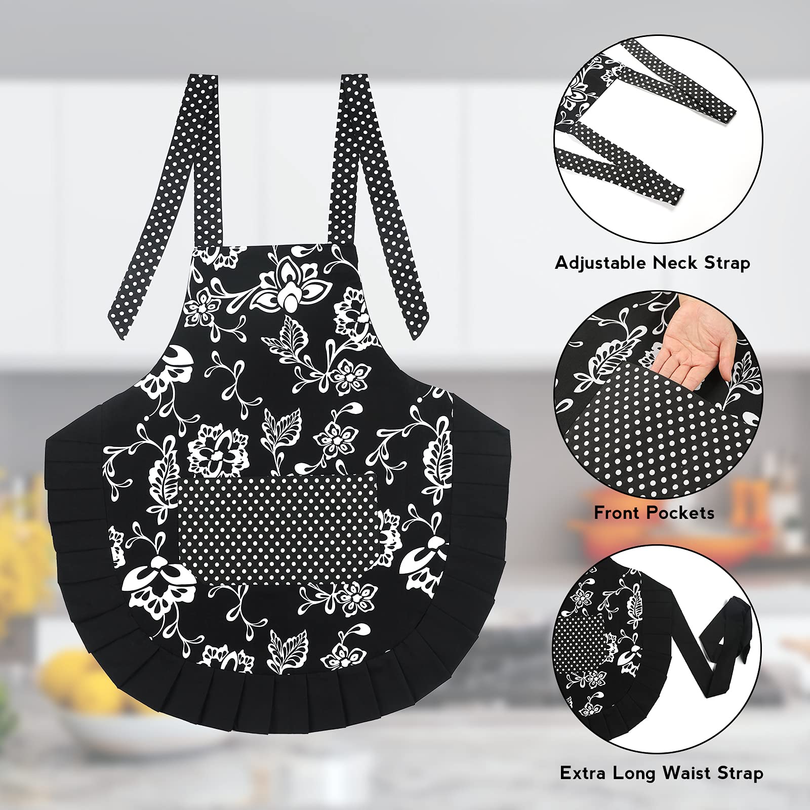 G2PLUS Cotton Floral Apron for Women, Extra Long Ties, 29x21 inch, Black, Model COMINHKPR108433, Ideal for Cooking, Baking, Gardening