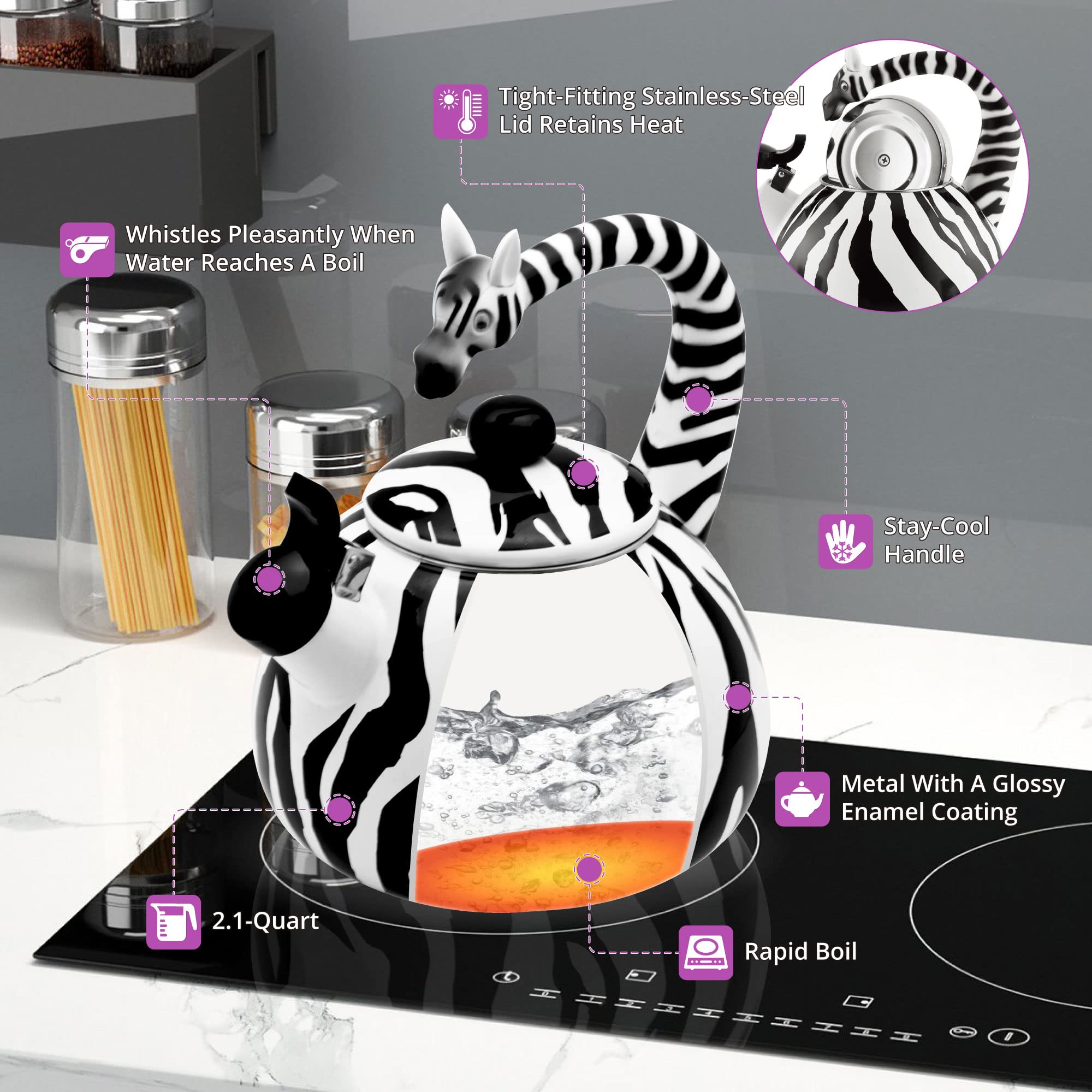 Upware Enamel On Steel Whistling Tea Kettle, Stovetop Teakettle (2.1 Quart, Zebra)