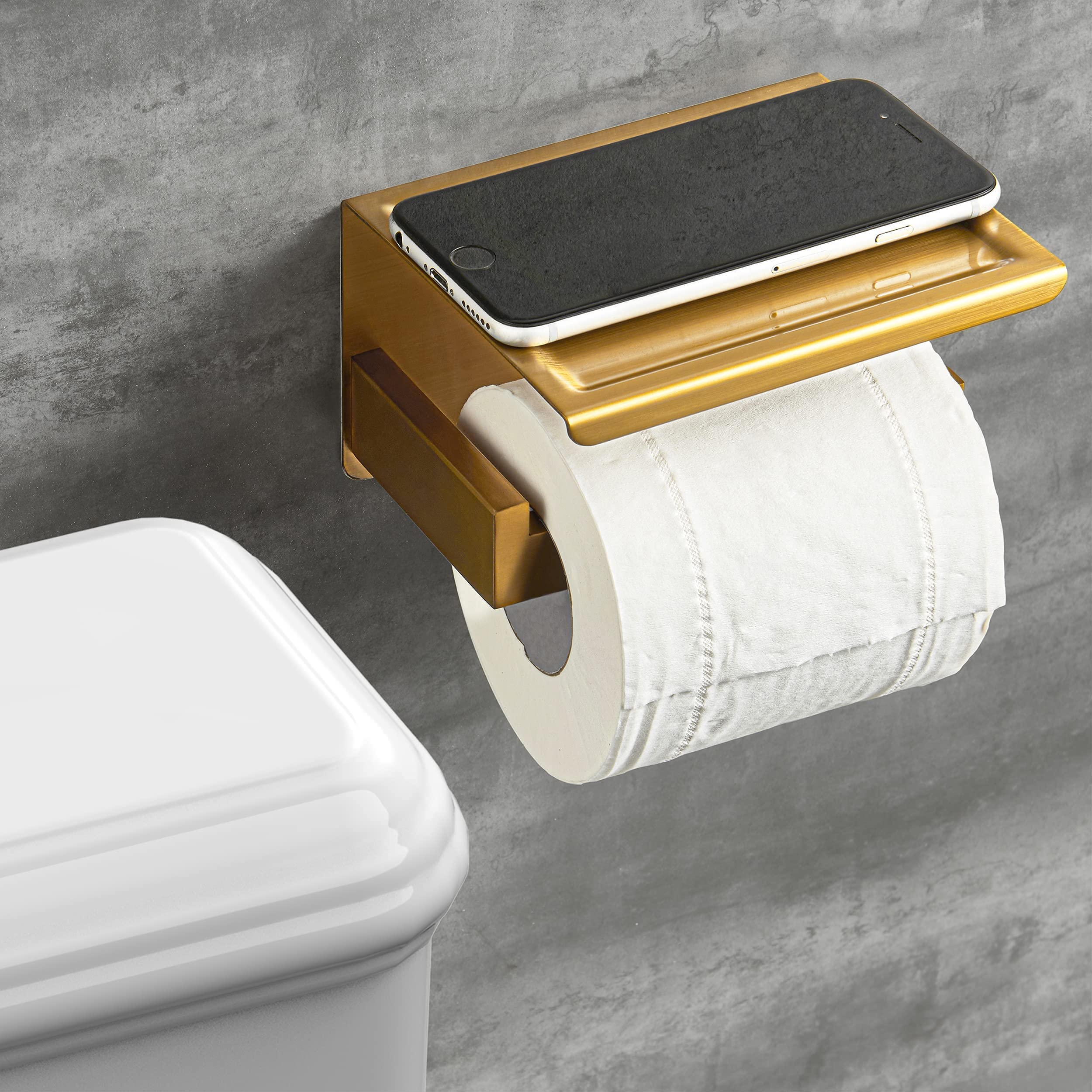 Hitslam Gold Toilet Paper Holder, Stick On Brushed Brass Toilet Paper Holder With Shelf, Self Adhesive No Drill Or Wall-Mount Wi