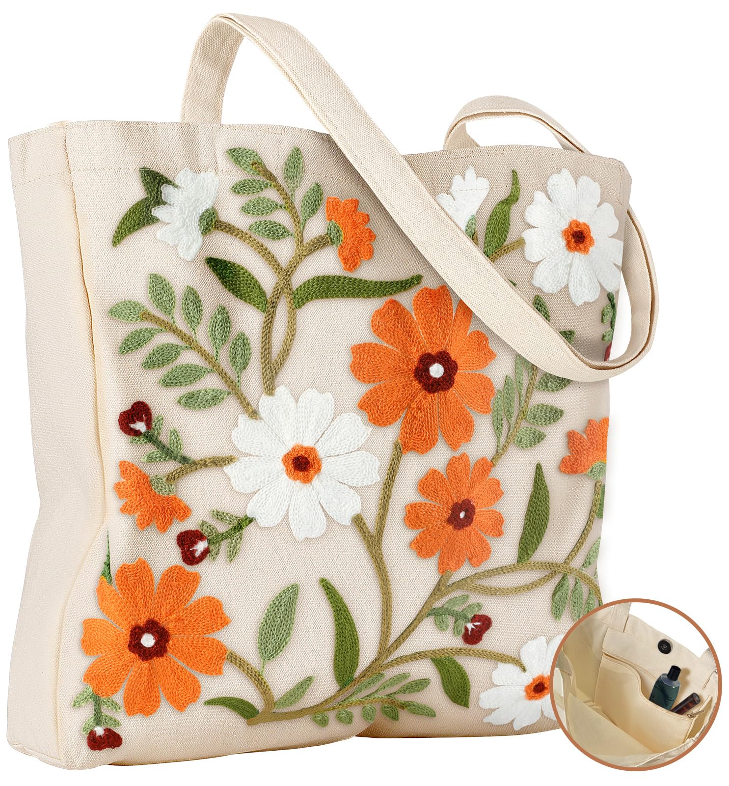 Miss Adola Embroidery Canvas Tote Bag for Women - Reusable Totes with Pocket & Magnetic Buckle Cute Aesthetic Designer Shoulder 
