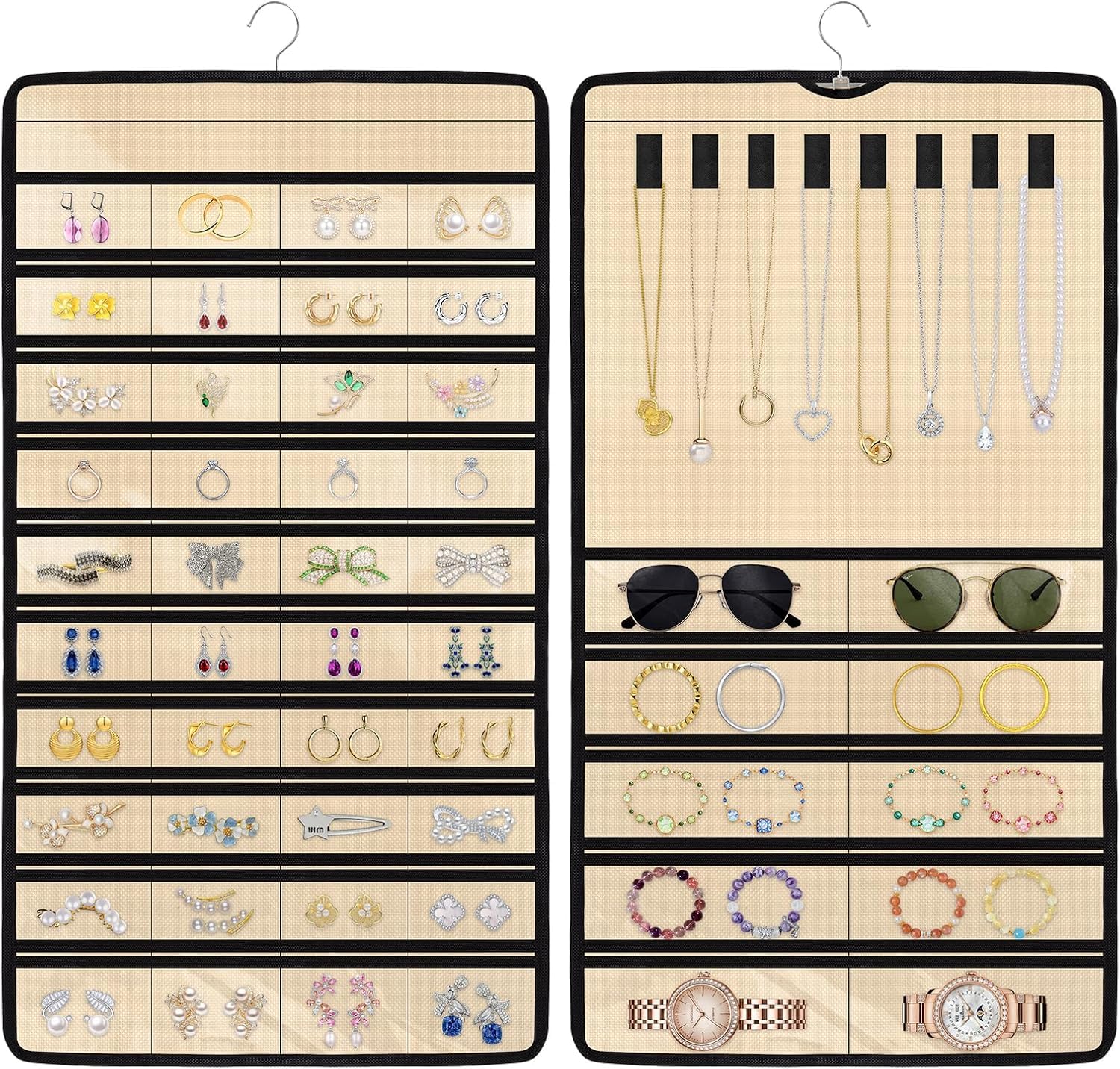 Hanging Jewelry Organizer, DoubleSided 48 Pockets, Closet & Hook Jewelry Storage, For Earrings, Necklaces, Bracelets, Rings & P