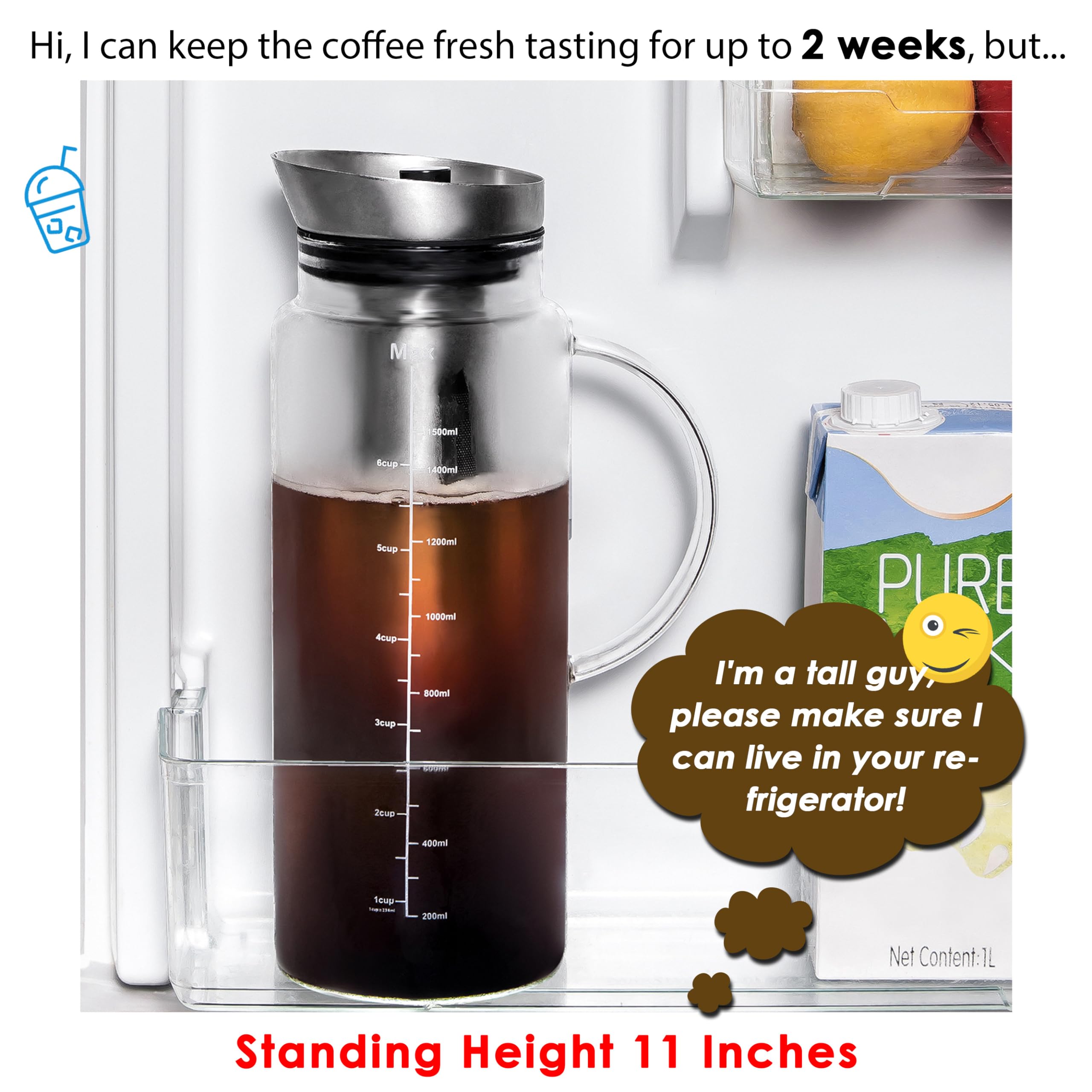 Aquach Cold Brew Coffee Iced Tea Maker & Fruit Pitcher - Large Capacity 51 Ounces - With Durable Glass Carafe/Fine Mesh Steel In
