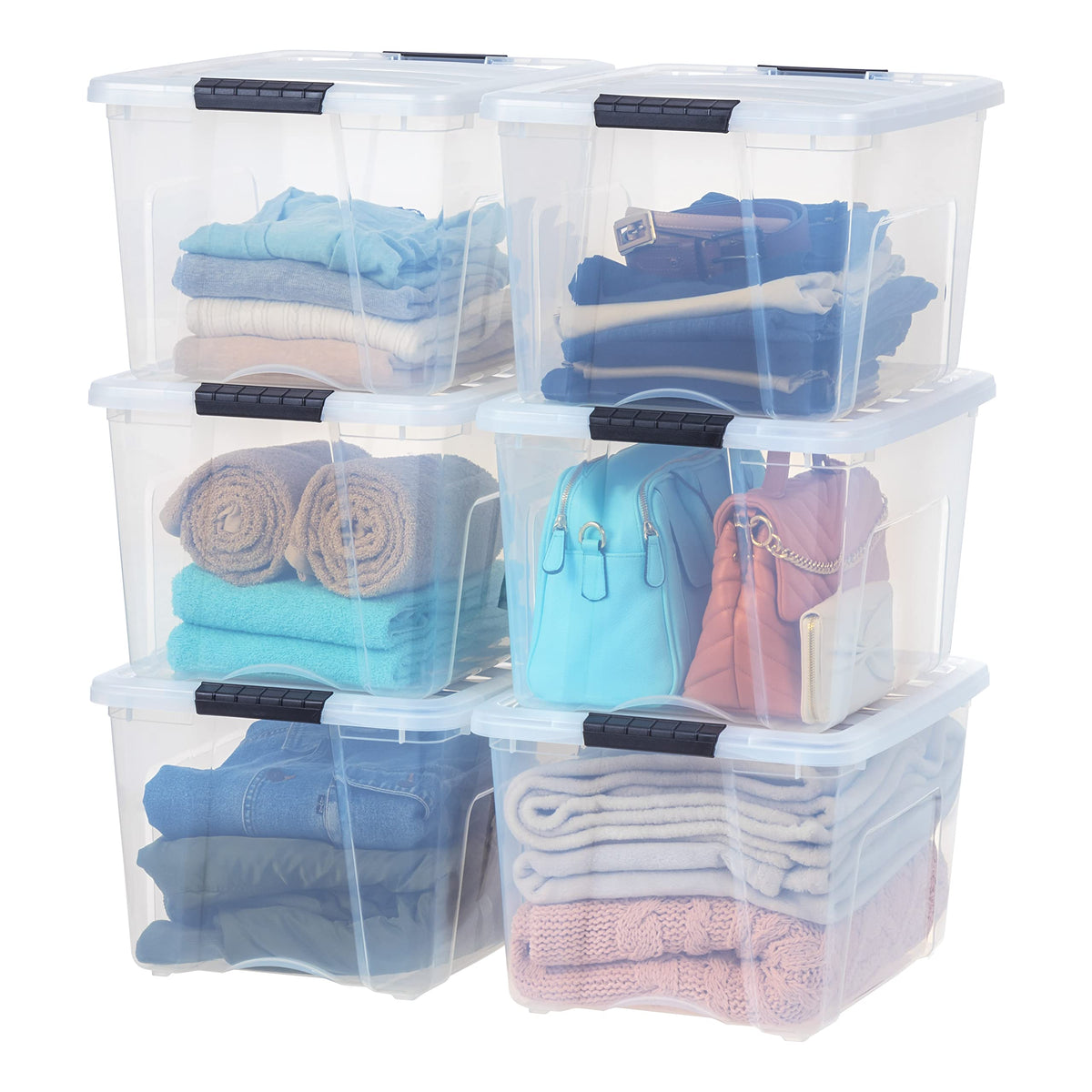 Iris Usa 40 Qt. Plastic Storage Container Bin With Secure Lid And Latching Buckles, 6 Pack - Clear, Durable Stackable Nestable O