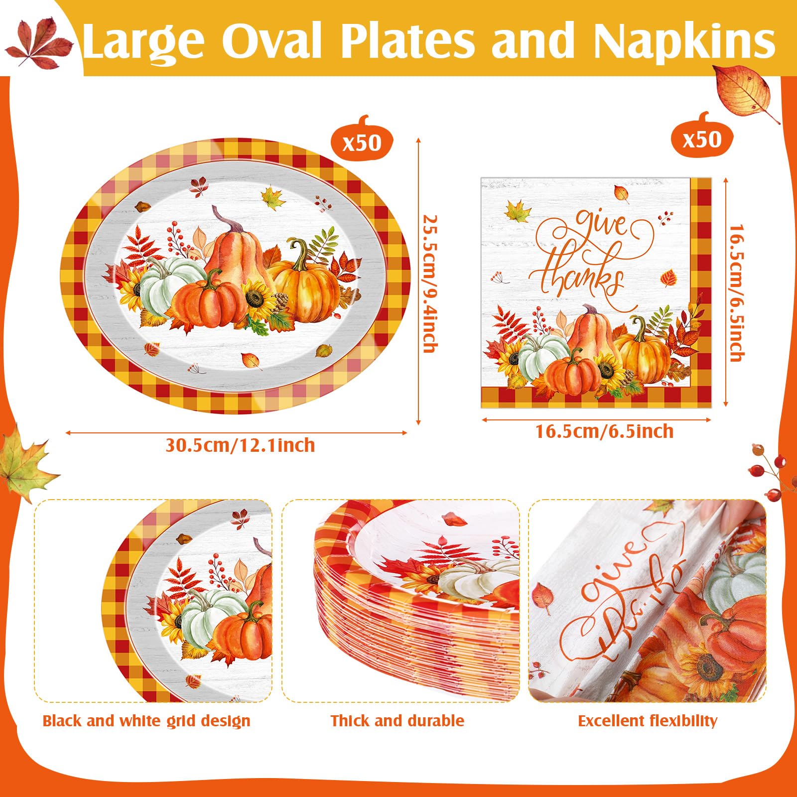 Mimorou 100 Pcs Thanksgiving Oval Paper Plates and Napkins Set-Serves 50, Disposable Fall Party Supplies Black Plaid Pumpkin Pla
