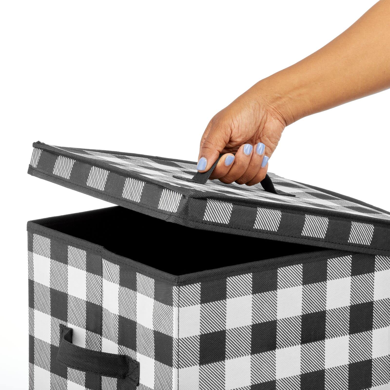mDesign Tall Gift-Wrapping Paper Storage Box with Handles - Upright Christmas Gift Wrap Storage Organizer with Removable Lid - Wrapping Paper Container Bin for Long Rolls - Buffalo Plaid  Black/White