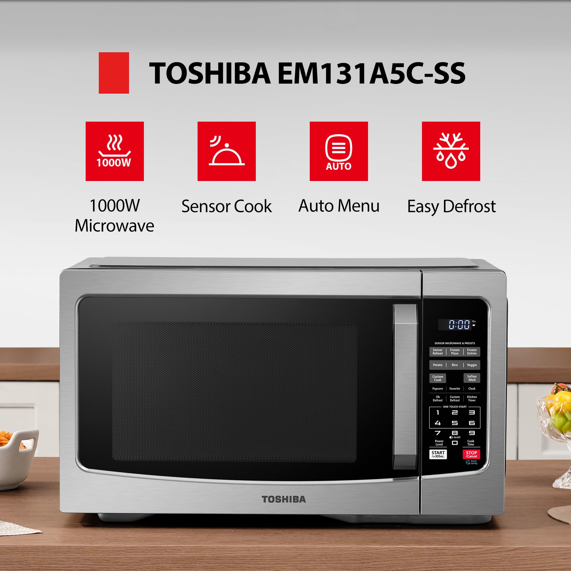 Toshiba Em131A5C-Ss Countertop Microwave Ovens 1.2 Cu Ft, 12.4'' Removable Turntable Smart Humidity Sensor 12 Auto Menus Mute Fu