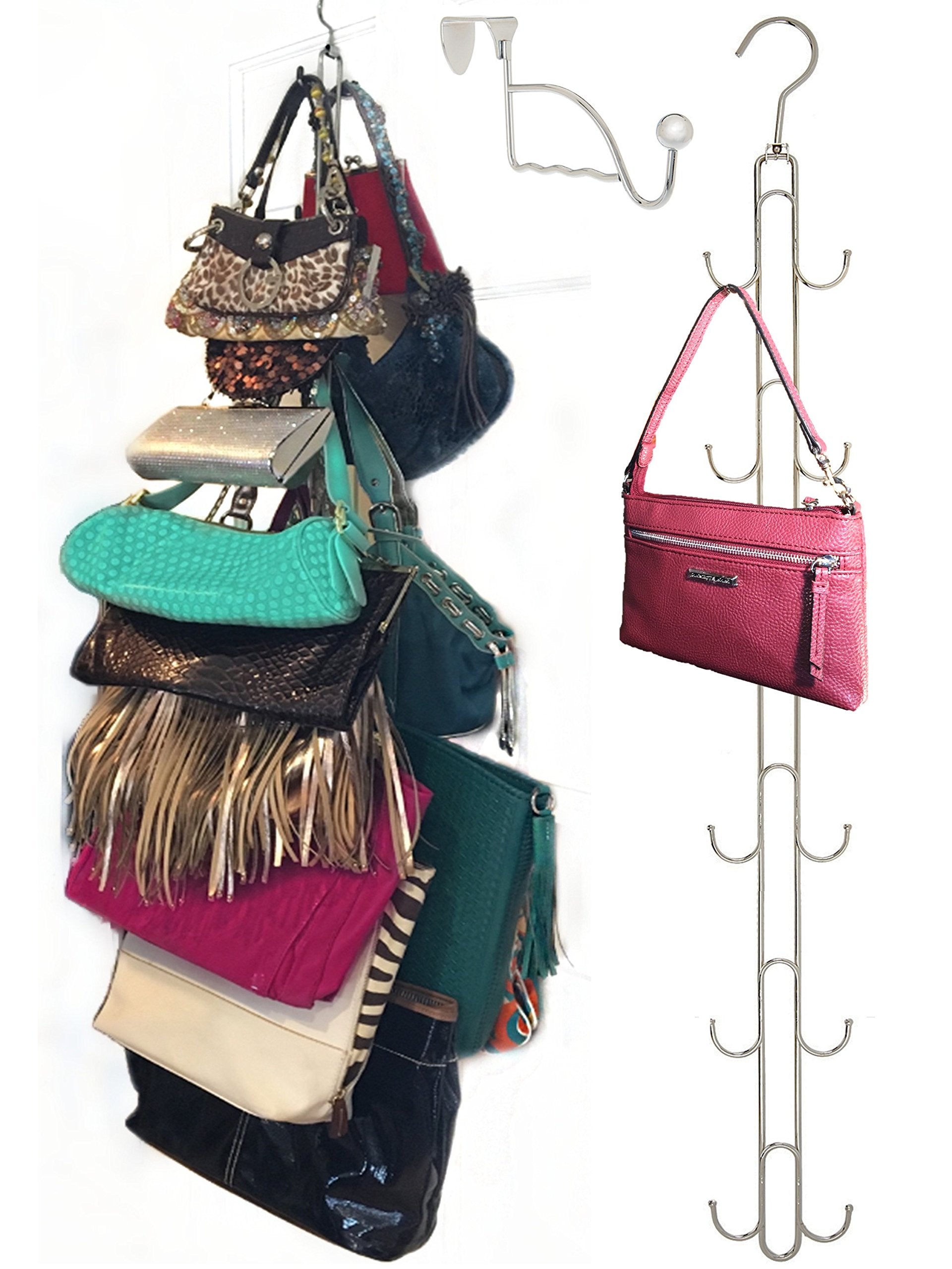 Over Door and Closet Purse Hanger Organizer- 12++ Max Purse Storage, Bag Holder Rotates 360, Quality Heavy Duty Chrome Holds 50l