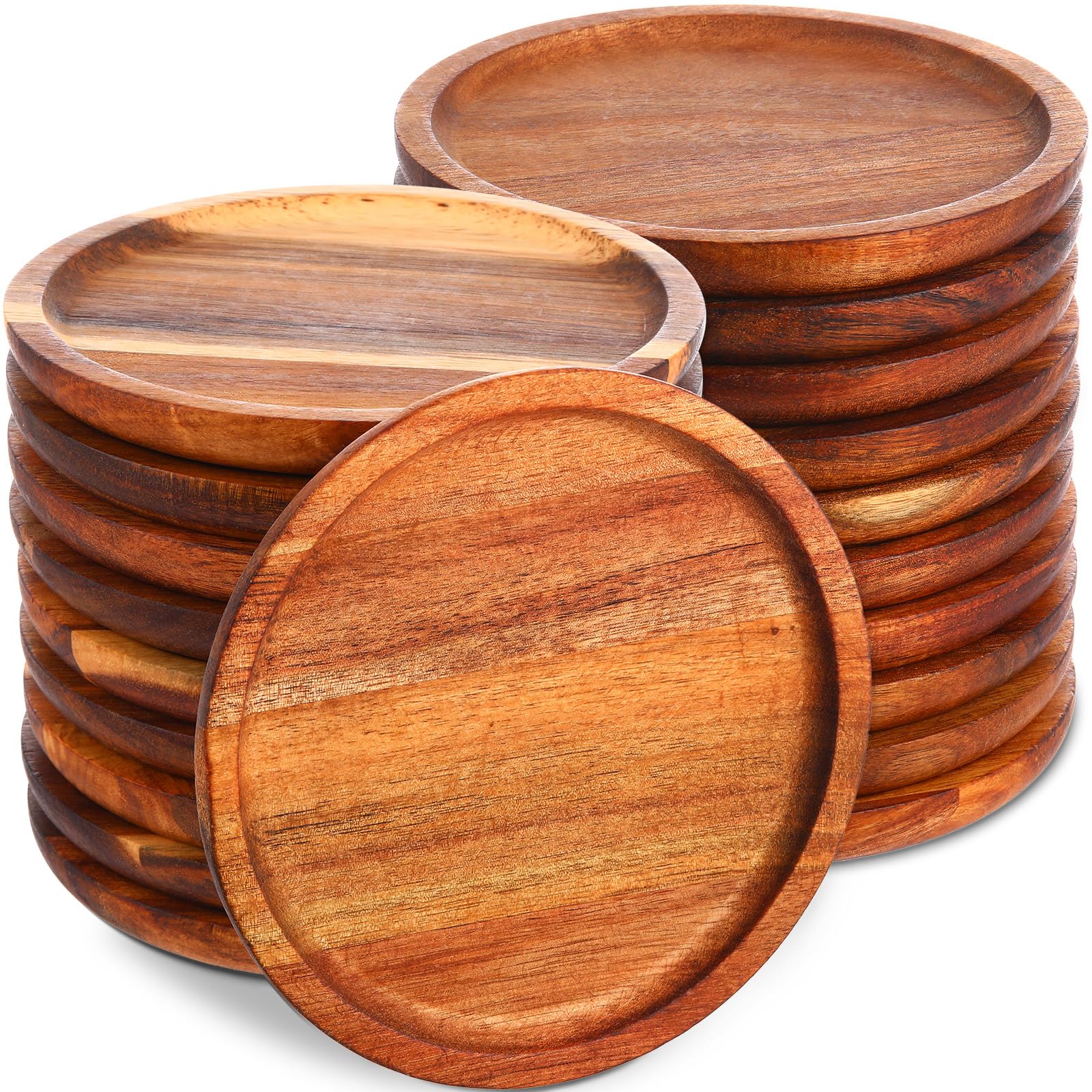 Gejoy 20 Set Acacia Wood Dinner Plates Round Wooden Charger Plates 6 Inch Serving Tray Lightweight, Unbreakable Natural Dinnerwa