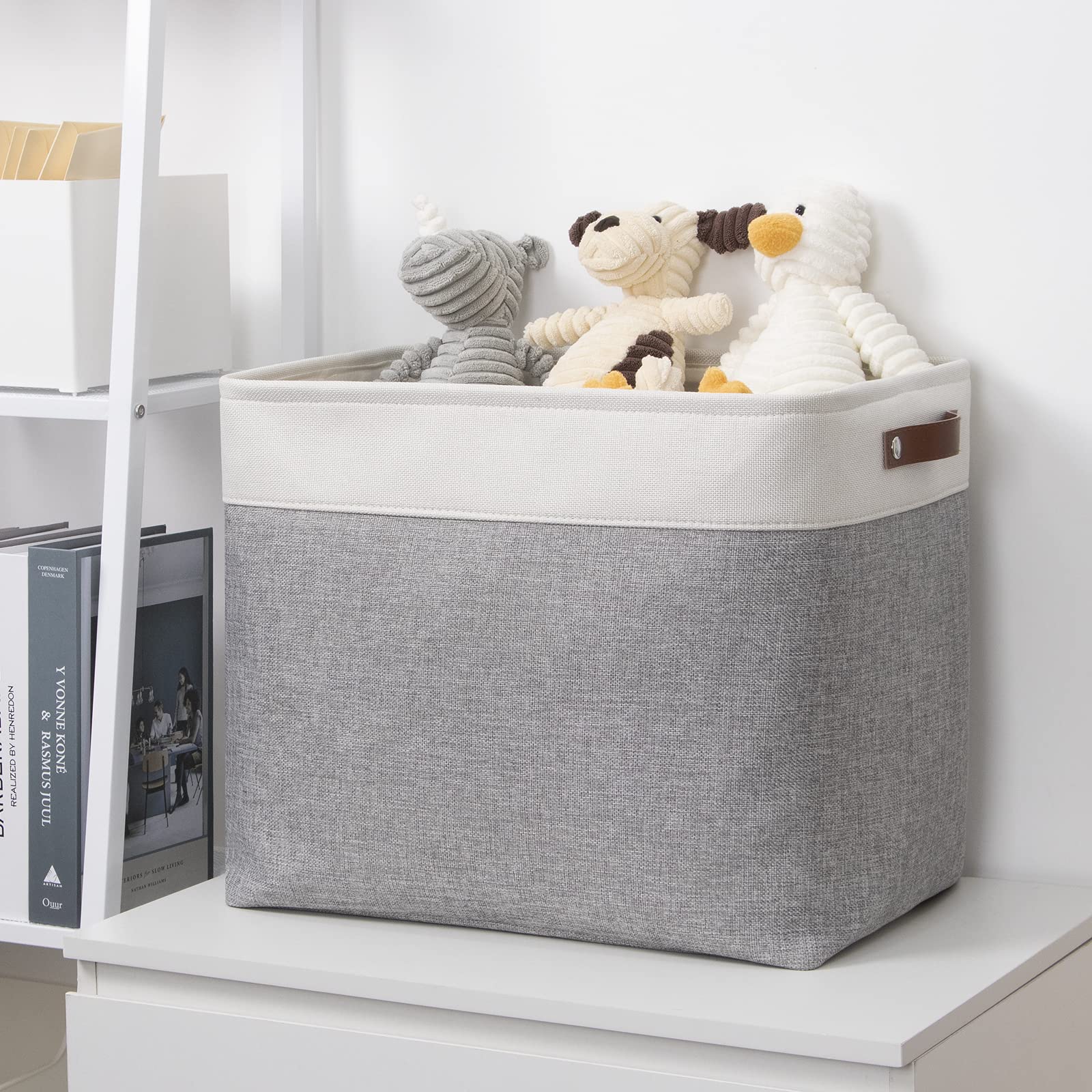 DULLEMELO Large Storage Baskets with Durable Leather Handles  Fabric Storage Bins for Organizing Clothes Toys Books  Canvas Storage Bin for Office Bedroom Closet Nursery Laundry Storage (White&Gray)