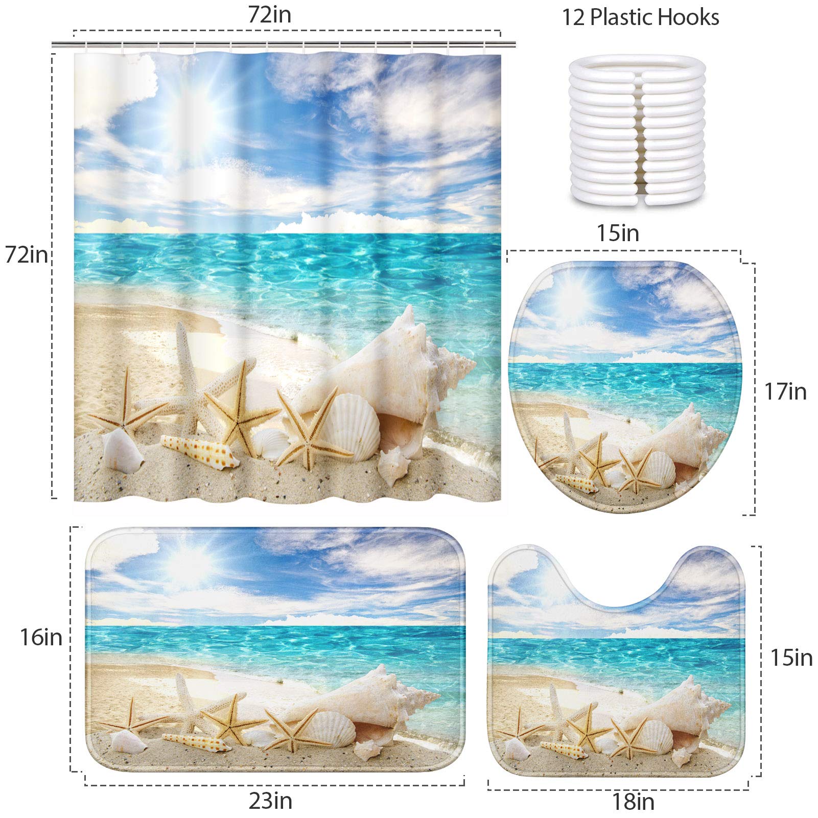 Britimes 4 Piece Shower Curtain Sets  with 12 Hooks  Ocean Starfish Seashells with Non-Slip Rugs  Toilet Lid Cover and Bath Mat  Durable and Waterproof  for Bathroom Decor Set  72'' x 72''