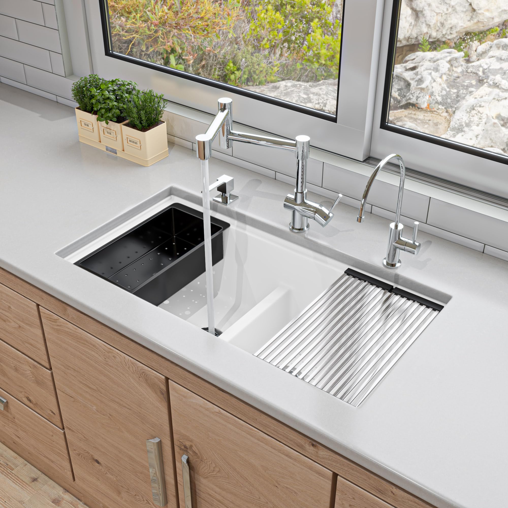 Alfi Brand Ab3418Dbum-W White 33'' Granite Composite Workstation Step Rim Double Bowl Undermount Sink With Accessories