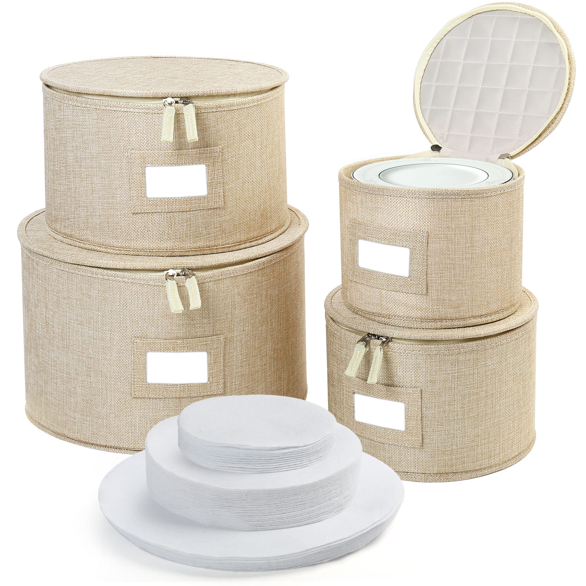 Lotfancy China Storage Containers, Hard Shell, Dinnerware Storage Case (Beige, China Storage Containers Set(4Pcs))