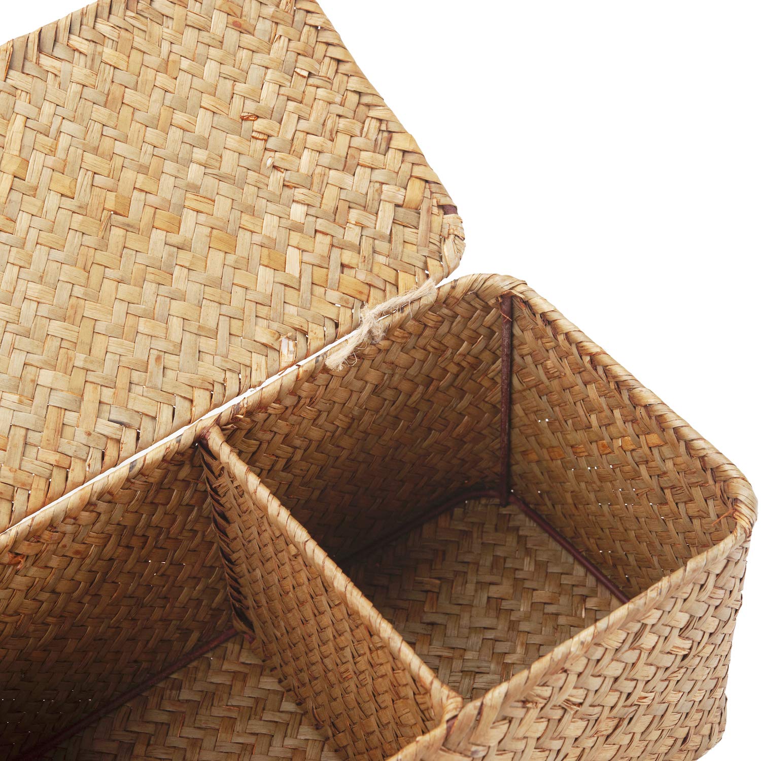 Seagrass Tank Basket with Lid Woven Toilet Roll Storage Basket with Sections Rectangular for Organize Snack Toys Tampon (Large Compartment 16.5inch L x 5.5inch W x 5.5inch H)