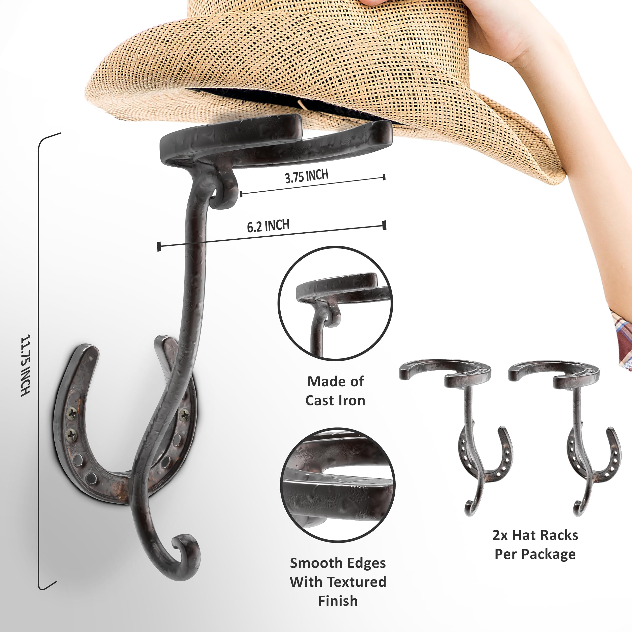 A.J. Boone Cowboy Hat Rack - Set Of 2 Decorative Wall-Mounted Holder - Heavy-Duty Iron Hanger And Organizer Diy Kit For Hats, Co