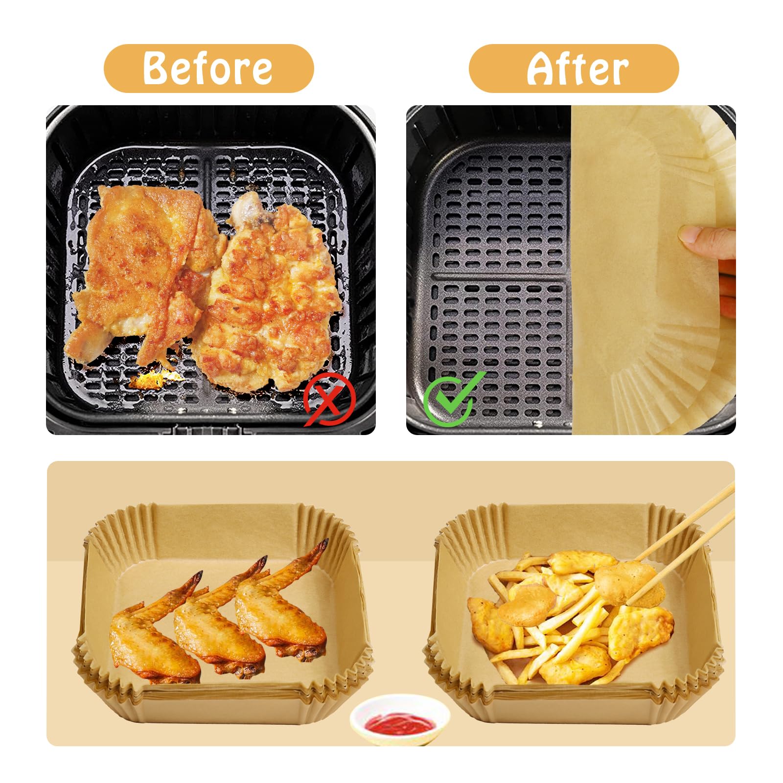 Square Mini Air Fryer Liners For Most 2Qt Air Fryer, 100 Pcs Non-Stick Air Fryer Parchment Paper Pads Air Fryer Liners