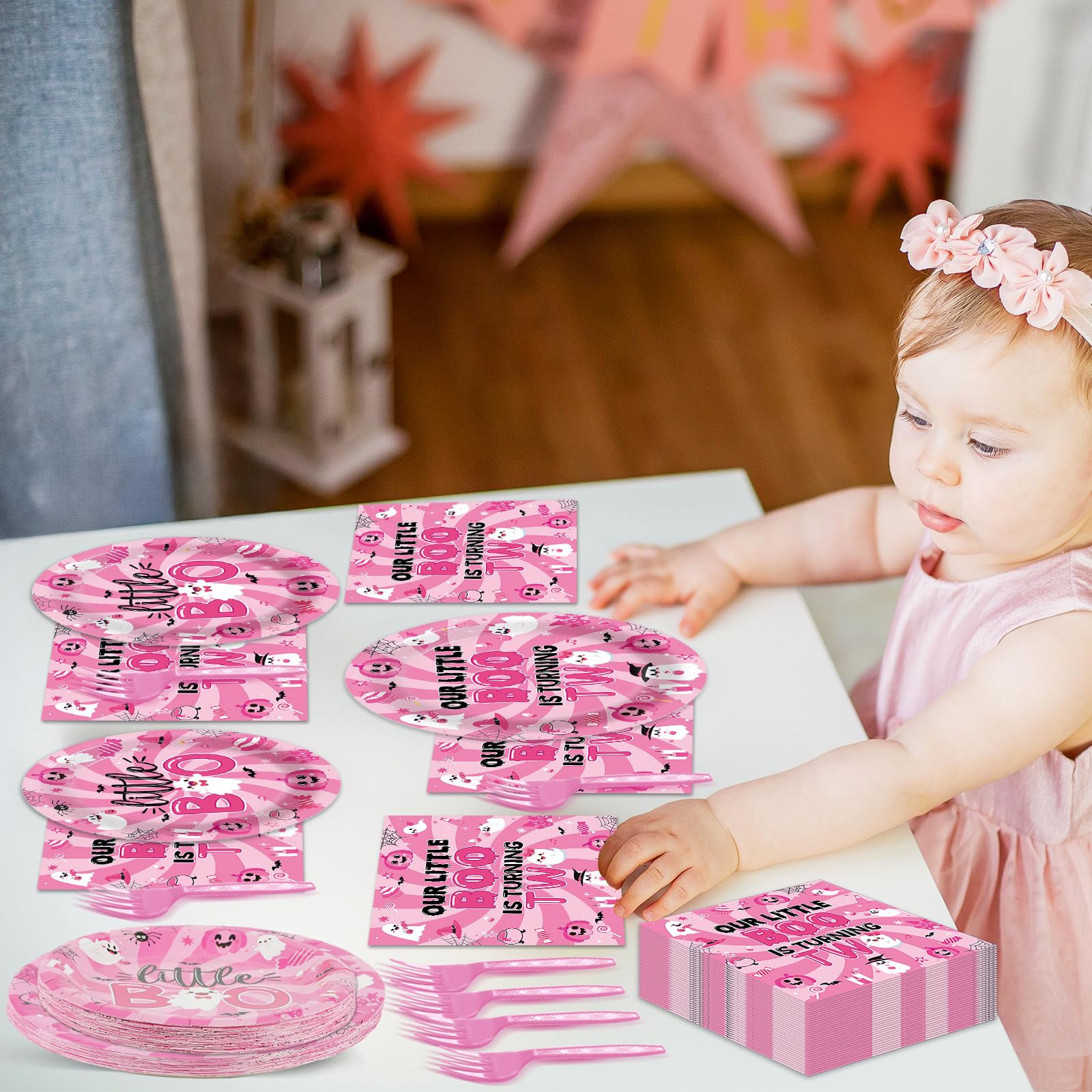 96Pcs Halloween Pink Ghost Party Supplies Boo 2Nd Birthday Paper Plates Napkins Our Little Boo Is Turning Two Party Decoration S