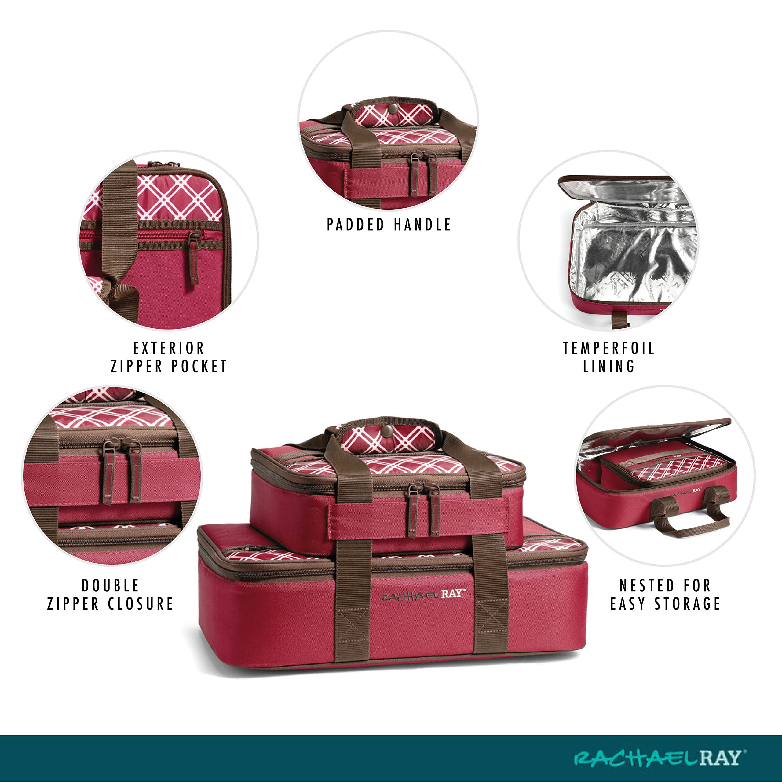 Rachael Ray Insulated Casserole Carrier, Burgundy, Fits 9"x13" Dish, Polyester, Model 5055RR2583, Perfect for Potlucks and Picnics