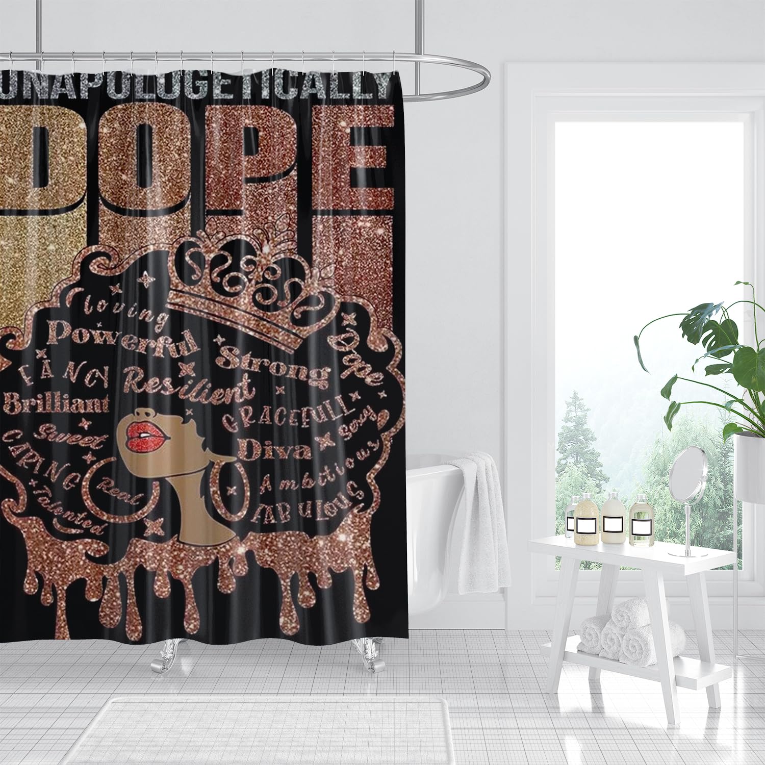 Black Woman Shower Curtain African American Fashion Afro Black Girl Shower Curtains Pink Rose Inspirational Motivational Quotes