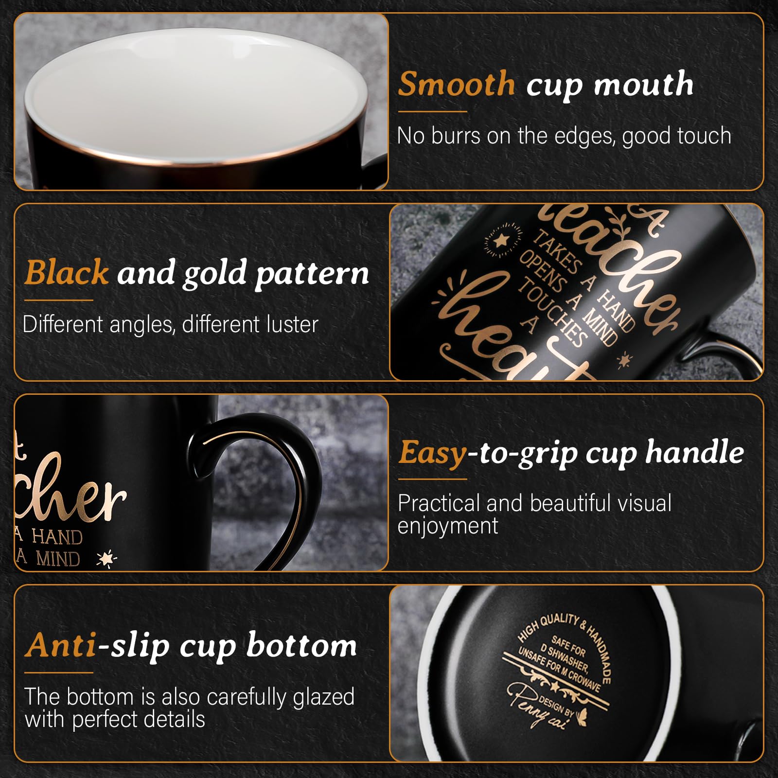 Best Teacher Appreciation Gifts for Men Women, 14oz Unique Black Ceramic Teacher Coffee Mug with Gold Print, Christmas Presents