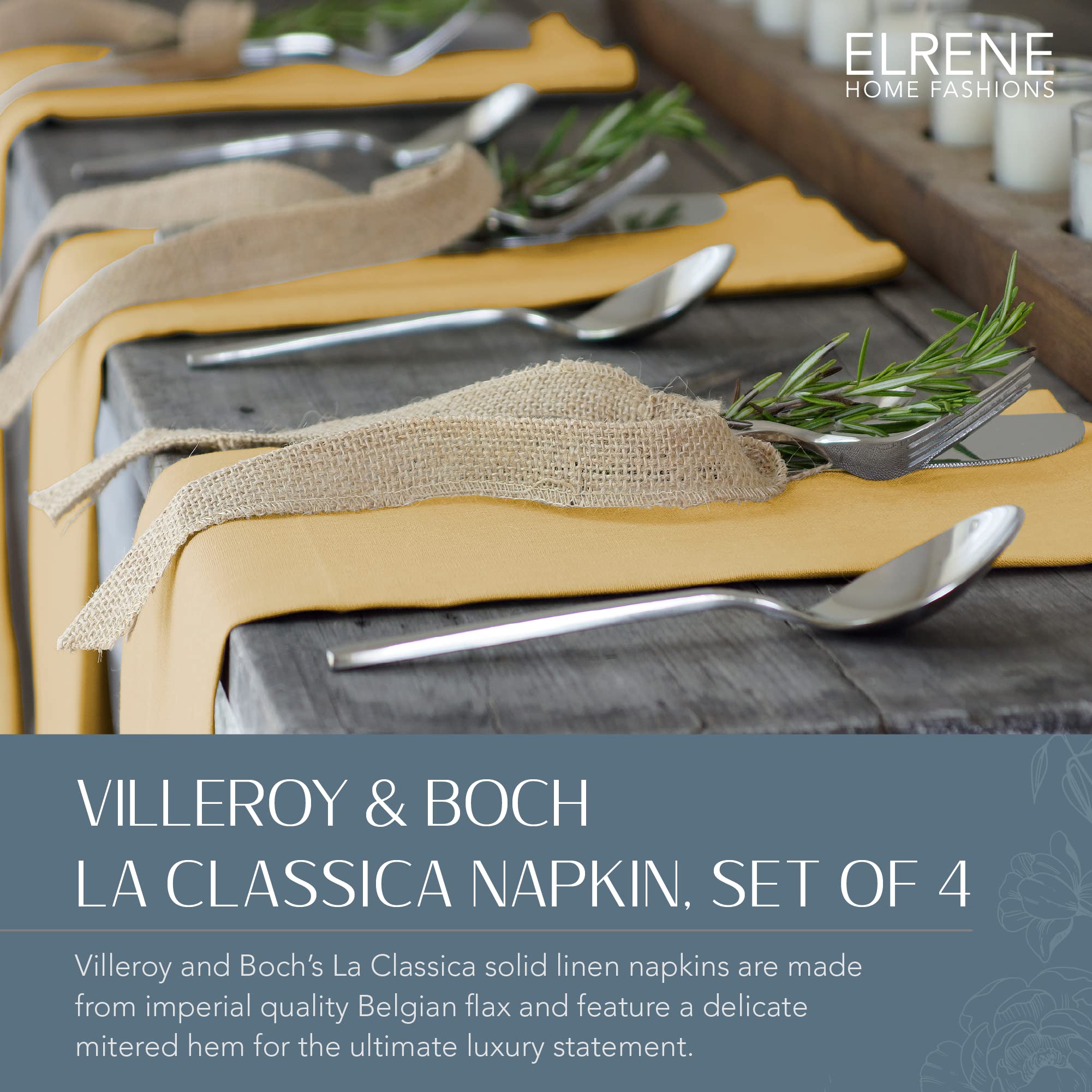 Elrene Home Fashions Villeroy & Boch La Classica Luxury Linen Fabric Napkin (Set Of 4), 21''X21'', Antique Gold