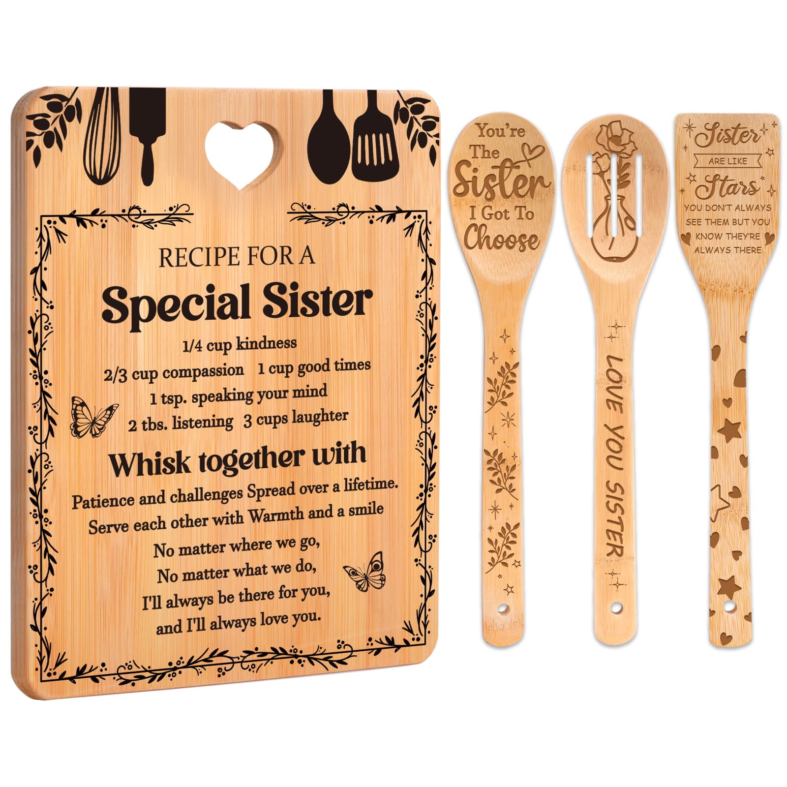 Gifts for Sister -  Recipe for a Special Sister  Sister Birthday Gifts Cutting Board Set, Bamboo-Made Engraved Utensil Set Siste