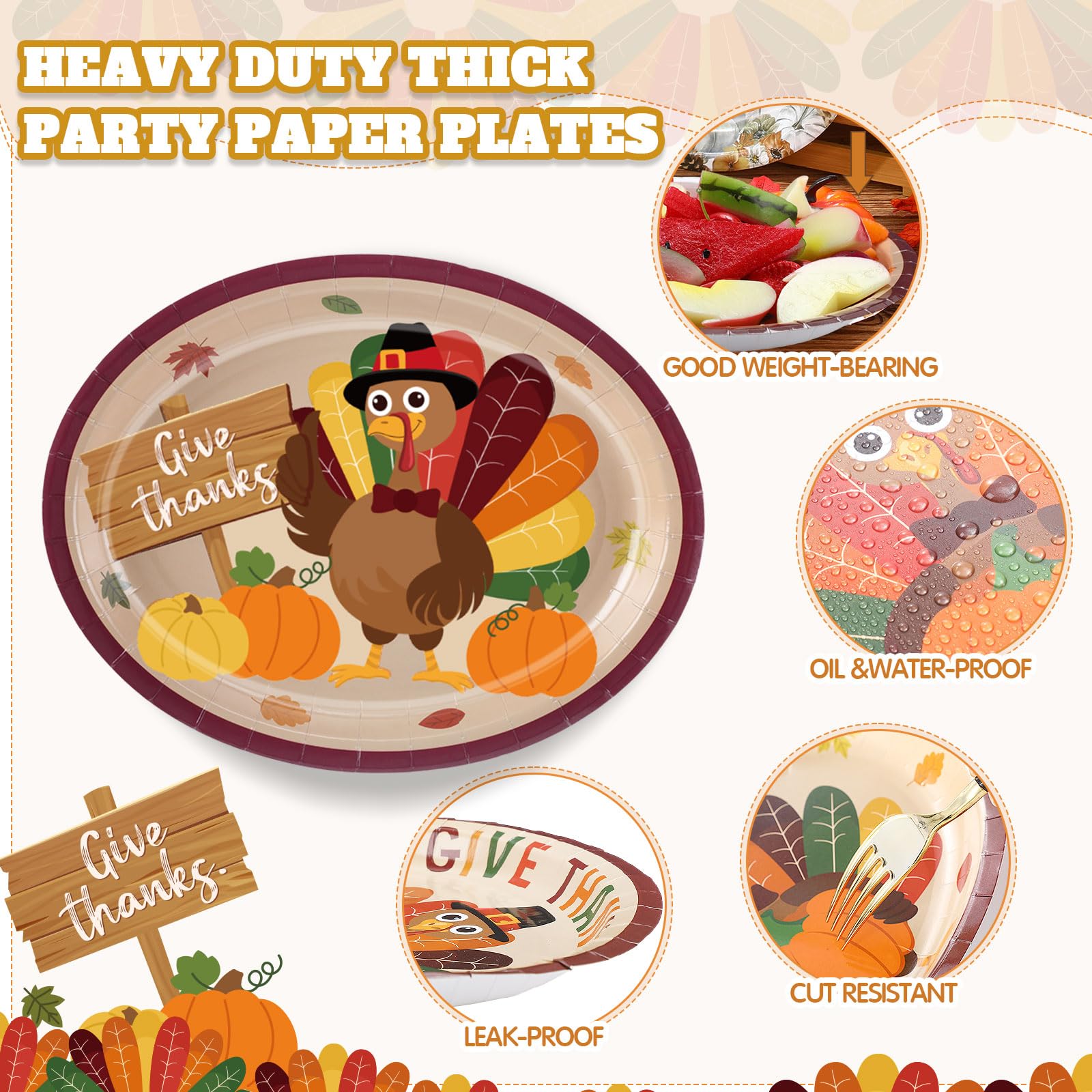 Pajean 100 Pcs Thanksgiving Paper Plates Bulk Fall Oval Dinner Plates 9 x 11 Large Turkey Autumn Leaves Pumpkin Disposable Table
