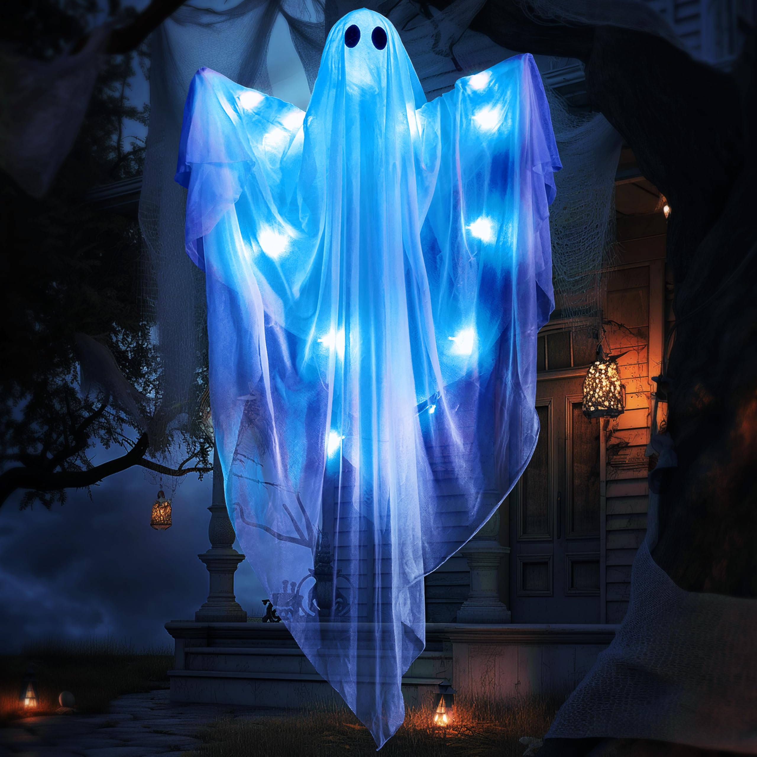 JOYIN Halloween Hanging Light up Ghost with Spooky Blue LED Light, 47    White Ghosts Halloween Hanging Decoration for Front Yar