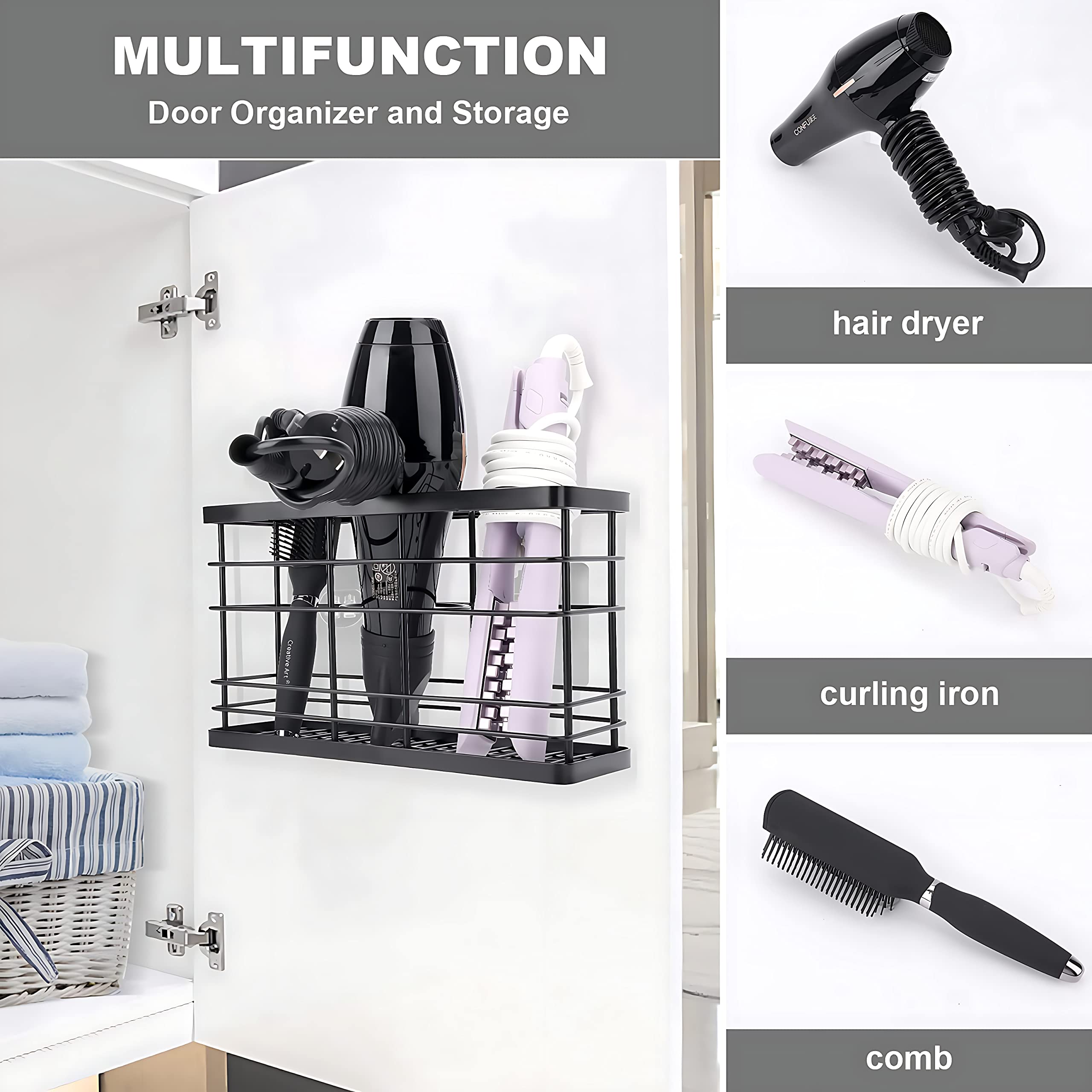 Wetheny Hair Dryer Holder Hair Tool Organizer Wall Mounted/Cabinet Door,Anti-Rust Coating Hair Styling Tools,Bathroom Storage Or