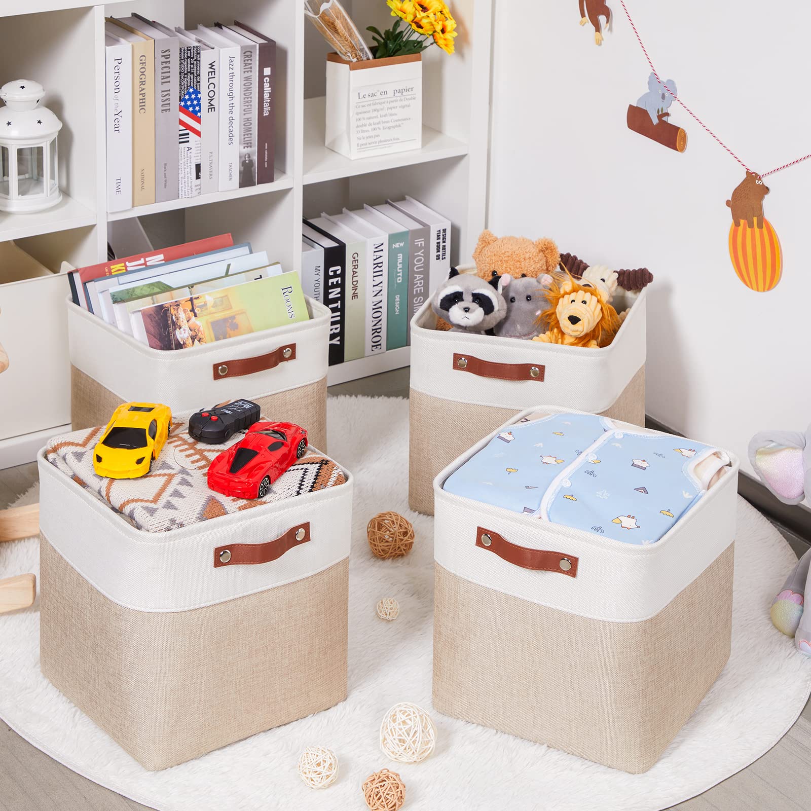 HNZIGE Foldable (4 Pack ) Storage Baskets for Shelves  Organizing Closet 12x12 Baskets for Cube Storage Home Organization with Handles(White&Beige )