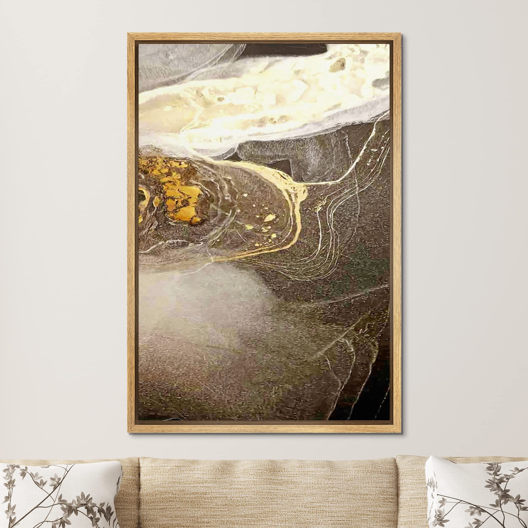 Signford Framed Canvas Print Wall Art Brown Gold Marble Granite Landscape Abstract Shapes Illustrations Modern Art Decorative Bo
