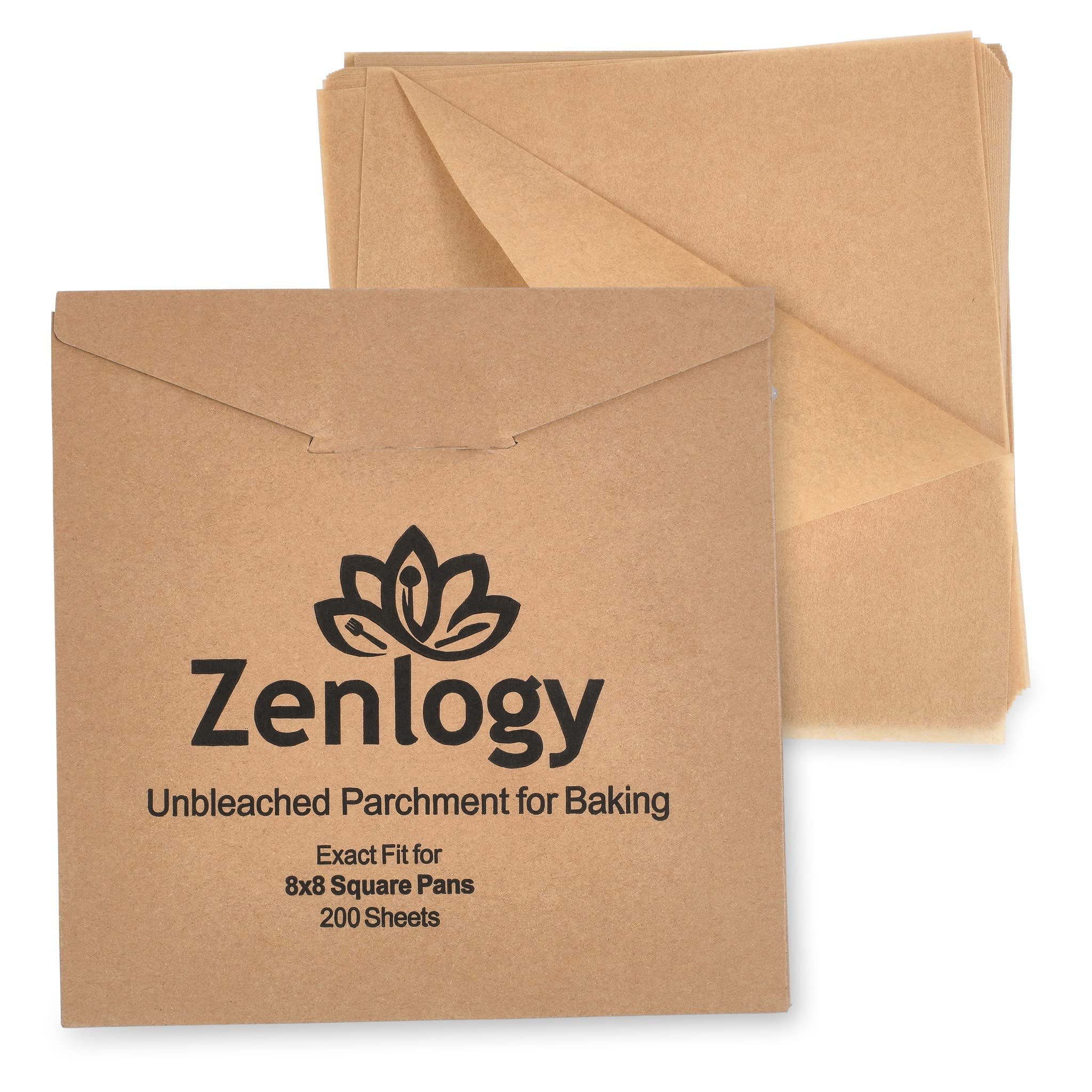 Zenlogy 8X8 Parchment Squares (200 Sheets) - Unbleached, Non-Stick, Pre-Cut Parchment Paper - Fits 8X8 Brownie Square Pans And T