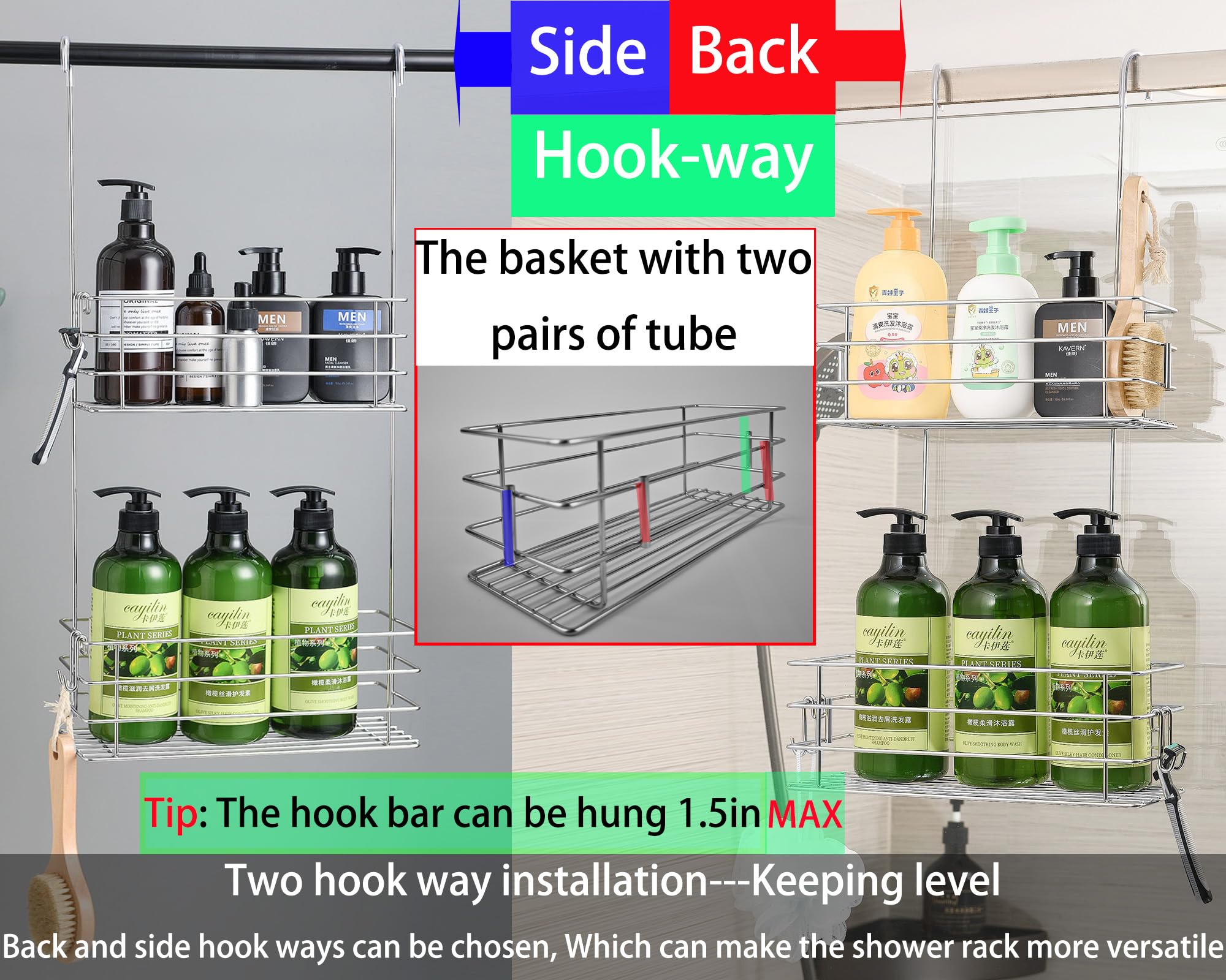 Seltomer Hanging Shower Rack Shower Caddy With Rotatable Hook Bar Over The Door And Can Be Hung On The Faucet Or Claw Foot, 304
