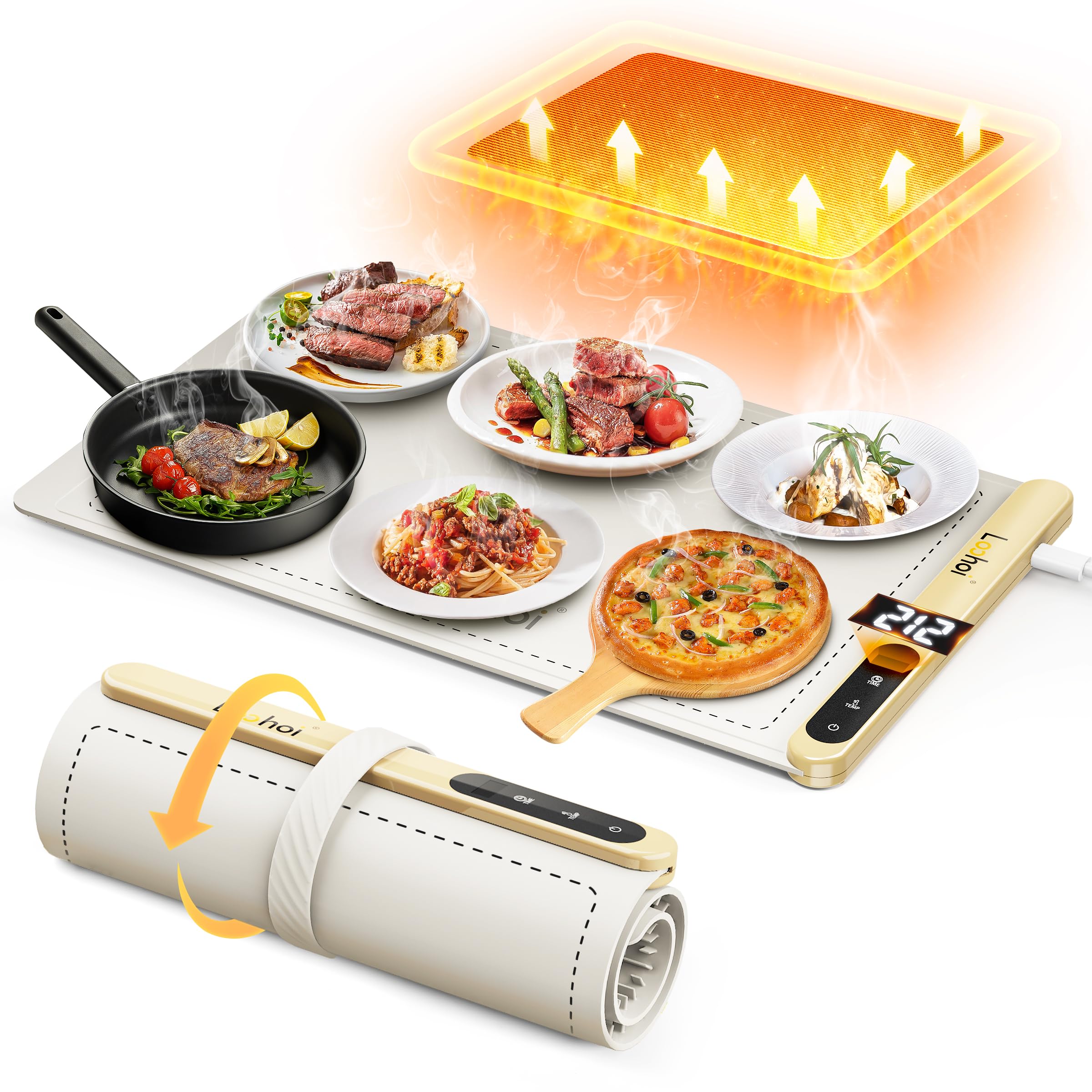 Loohoi Food Warming Mat,Full Surface Heating Electric Warming Tray With 6 Temperature Settings & Fast Heating, Silicone Roll Up