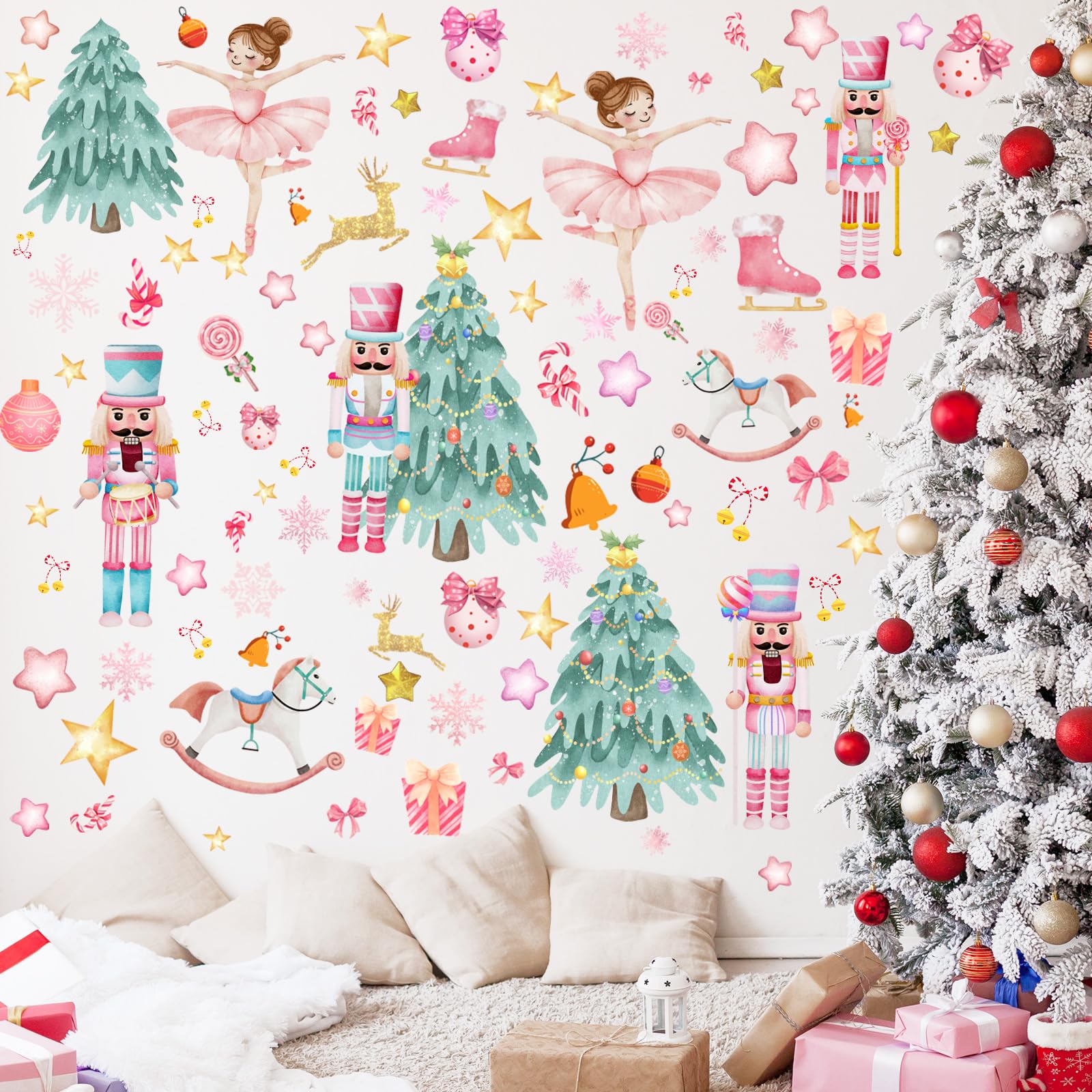 Chivertion 112 Pcs Pink Nutcracker Christmas Wall Sticker Christmas Dancing Girl Window Decals Pine Tree Snowflakes Horse Candy 