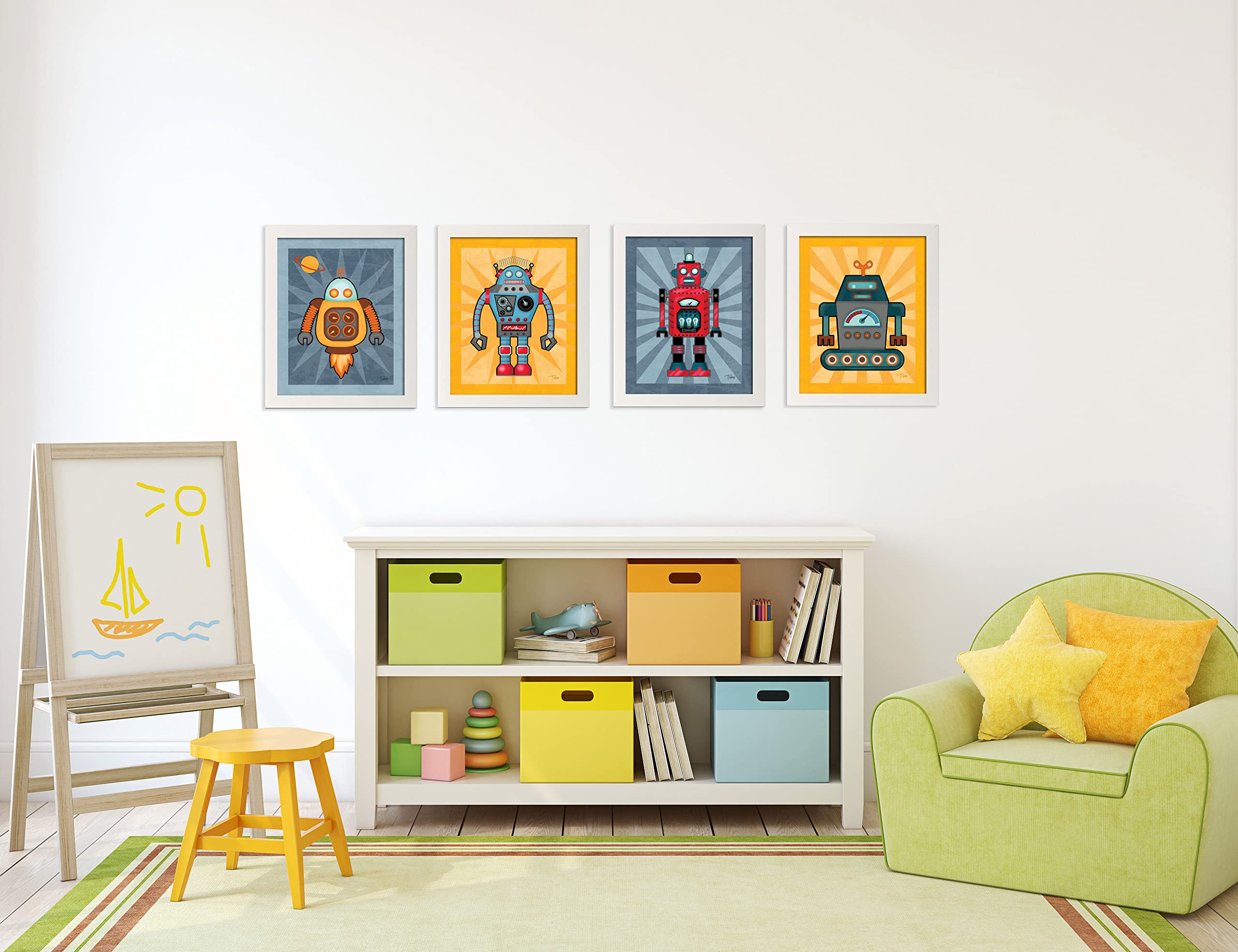 Adorable Robot Poster Set; Kids Room Decor; Four 11 X 14 White Framed Prints