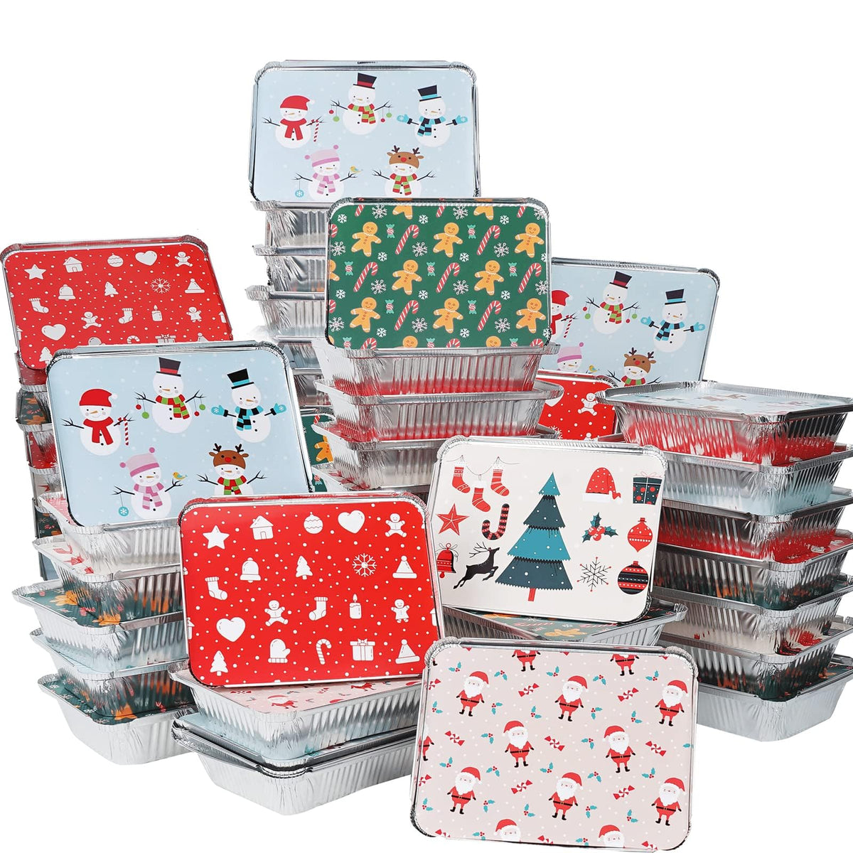 50 Pack Christmas Cookie Tins With Lids - 2.25Lb Aluminum Food Containers Disposable, 5 Holiday Print Designs, Tin Foil Containe