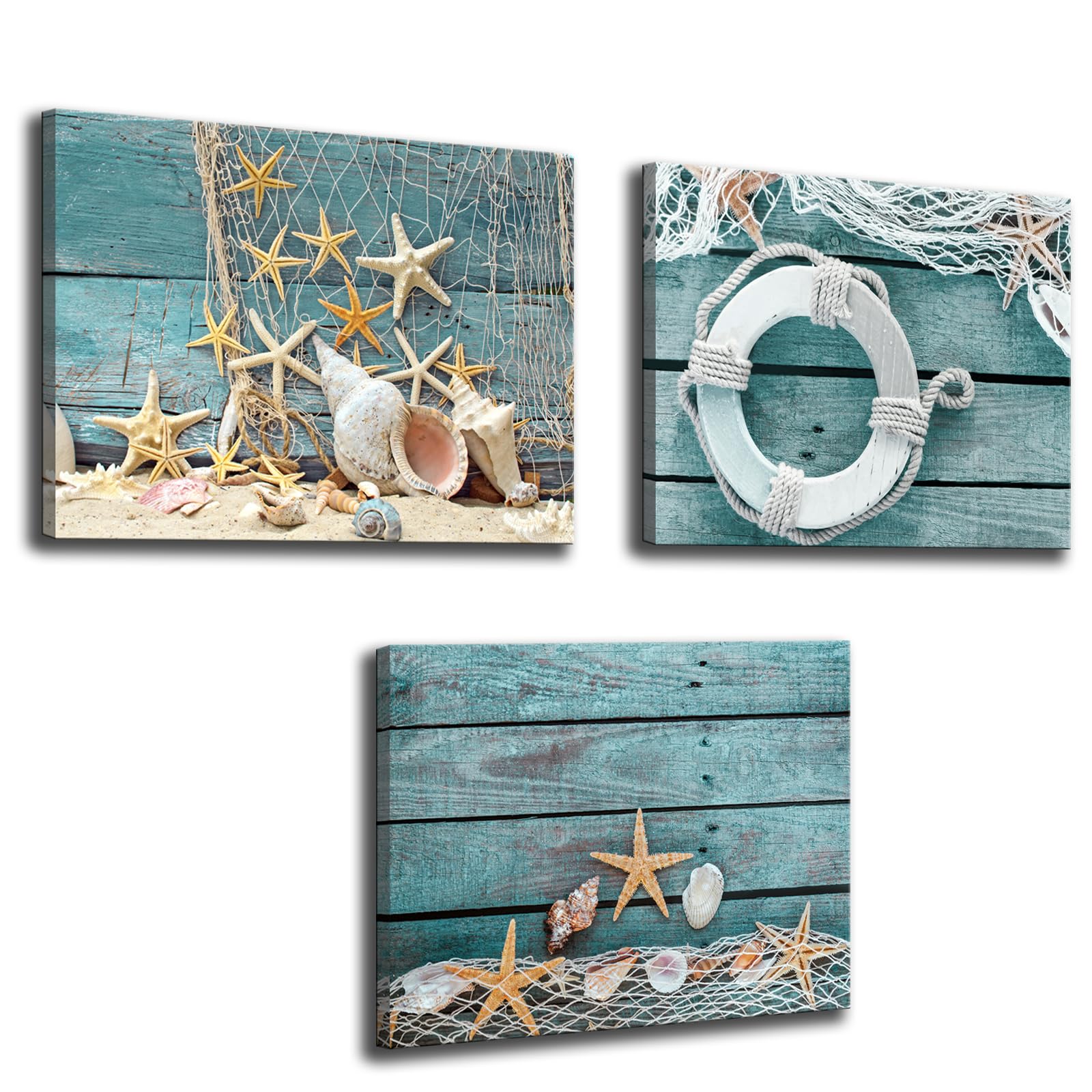 Biuteawal- 3 Piece Canvas Wall Art Starfish Shell On Teal Board Painting Prints Beach Nature Picture Canvas Artwork For Home Kit