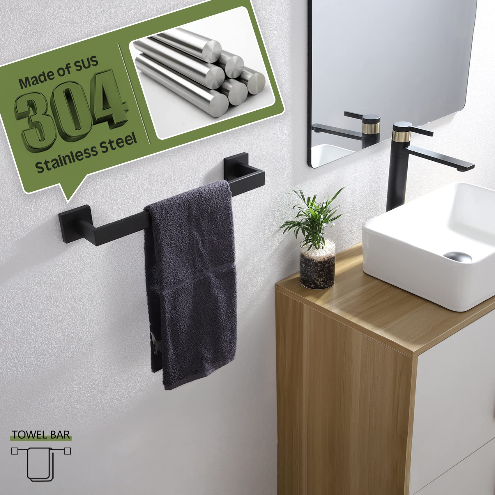 Kokosiri 16-Inch Single Towel Bar, Bathroom Kitchen Towel Holder, Wall Mounted Sus304 Stainless Steel Towel Rack, Matte Black, B