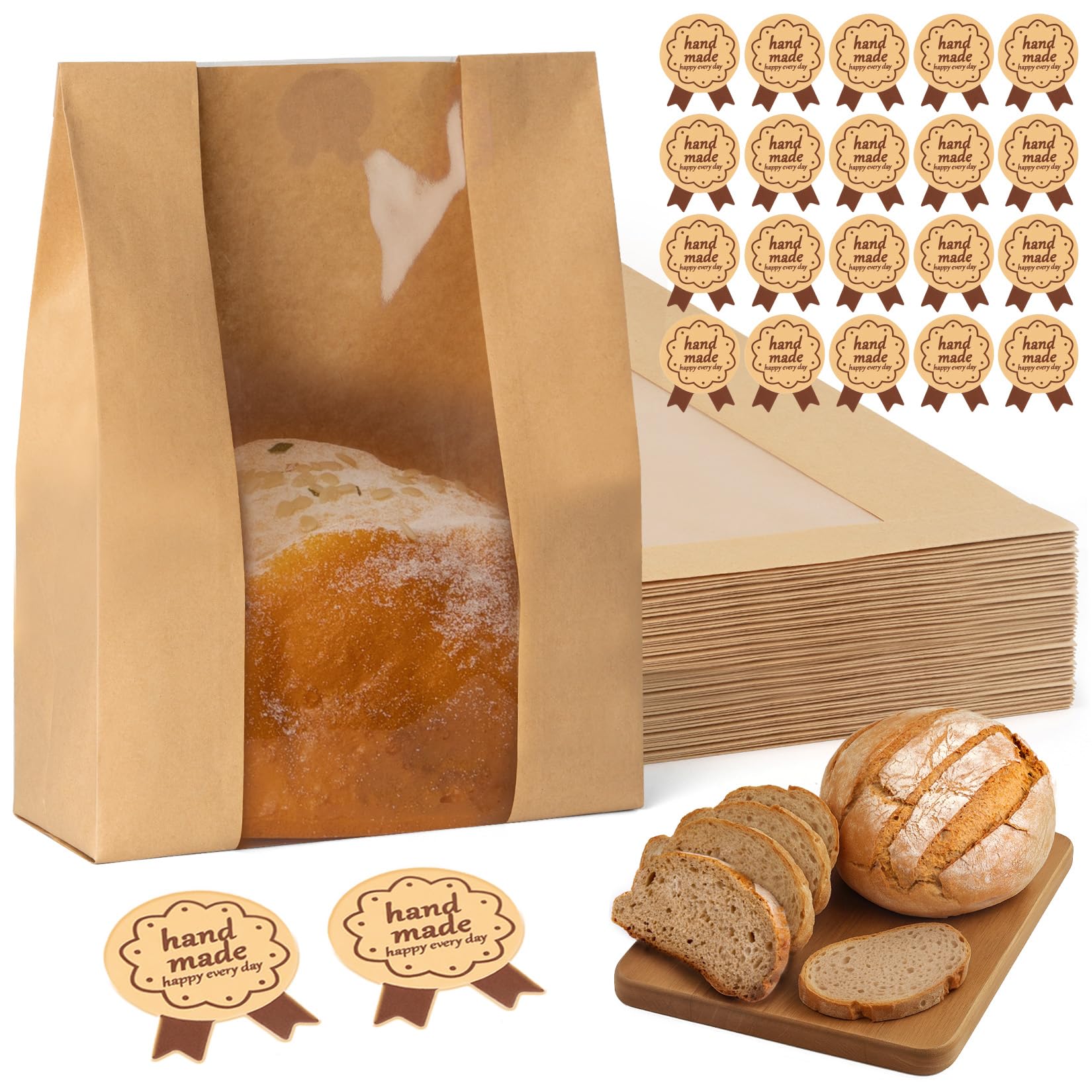 FUNFERY 60 Pcs Sourdough Bread Bags for Home Made Bread Sourdough,Large Paper Bags for Breads Gifting with Window & Cute Seal St
