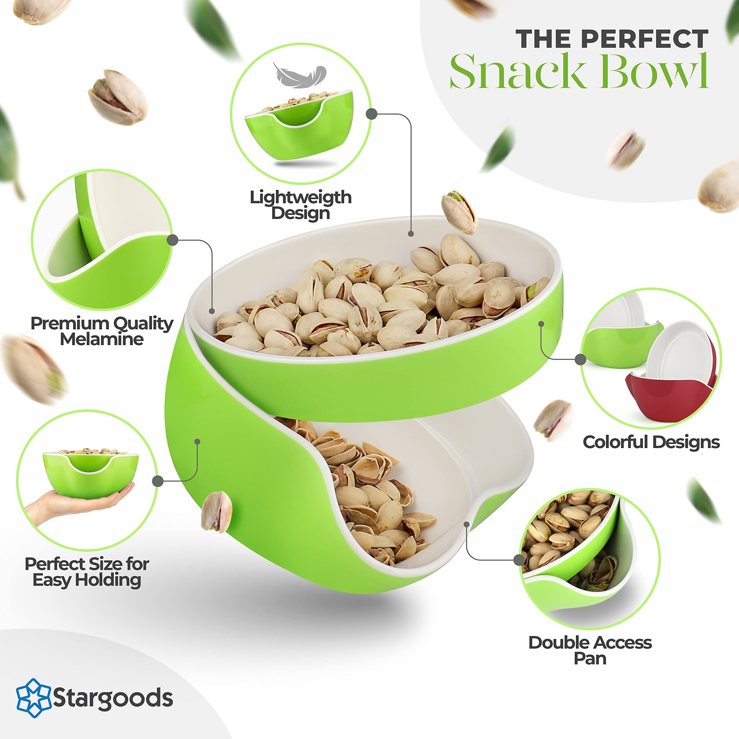 Pistachio Bowl, Snack Serving Dish, Double Peanut Bowl With Nut Seeds Shell Candy Storage, Green