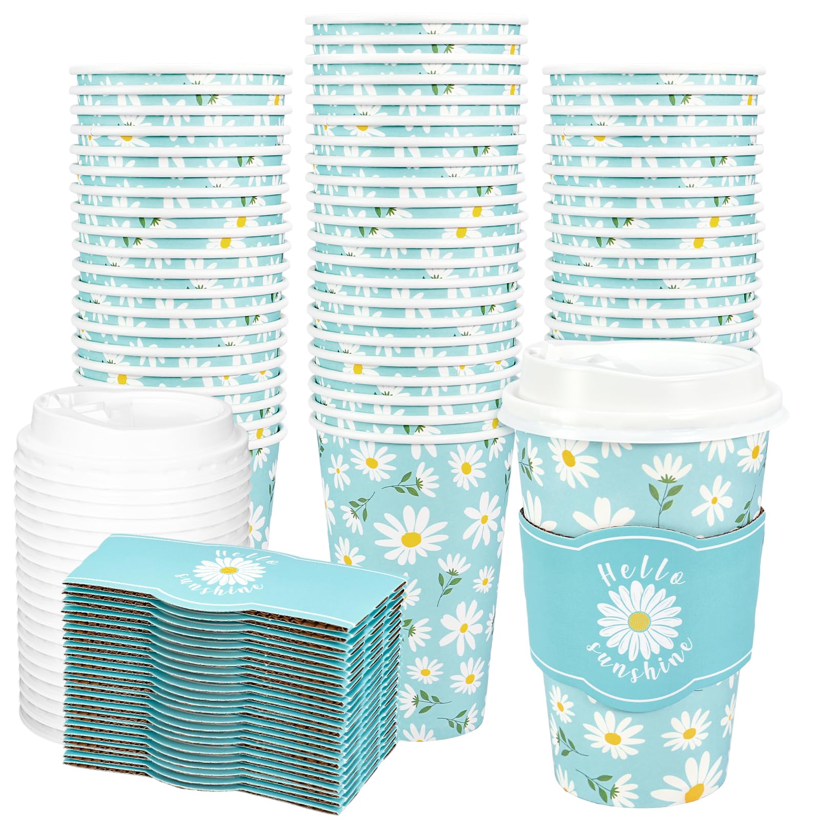 Whaline 50 Pcs 16 Oz Daisy Flower Disposable Coffee Cups with Lids and Sleeves Blue White Floral Paper Drinking Cup for Spring S