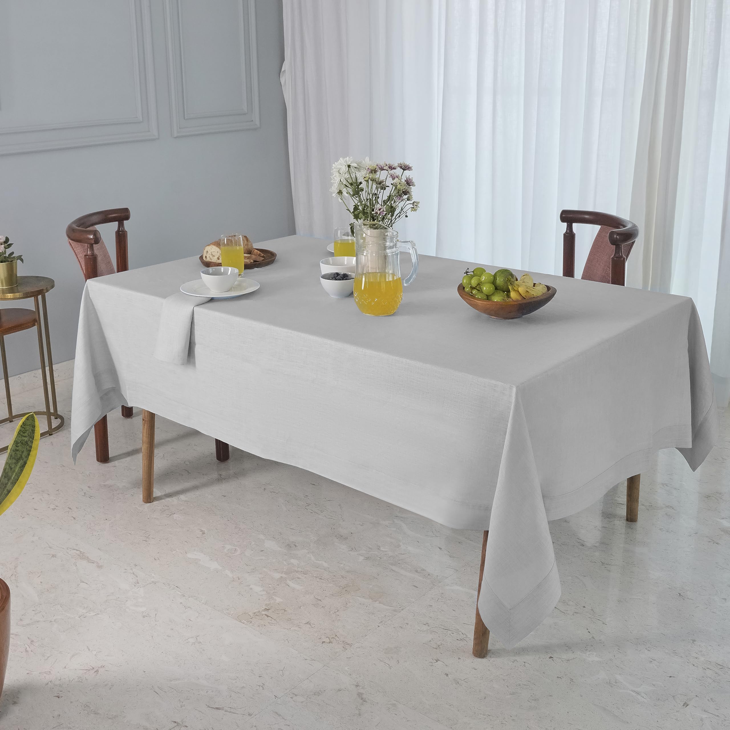 Dmoksha Homes Linen Tablecloth - 60 X 90 Inch Silver Grey, 100 Pure Linen Tablecloth 90 Inches Long, Rectangle Tablecloth, Machi