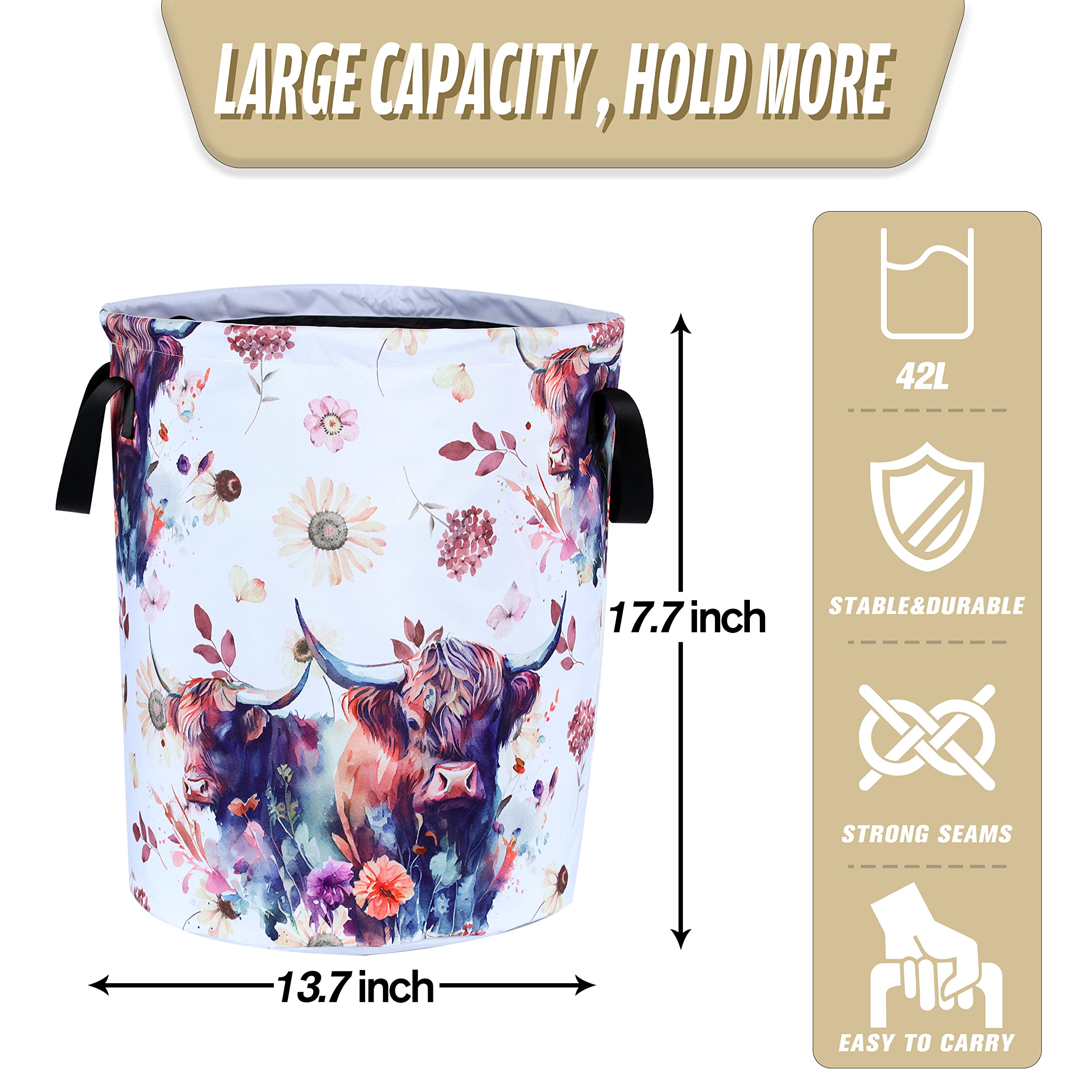 Highland Cow Laundry Basket Cow Animal Foldable Waterproof Oxford Cloth Funny Tote Bag Laundry Hamper Clothes Storage Bucket Toy
