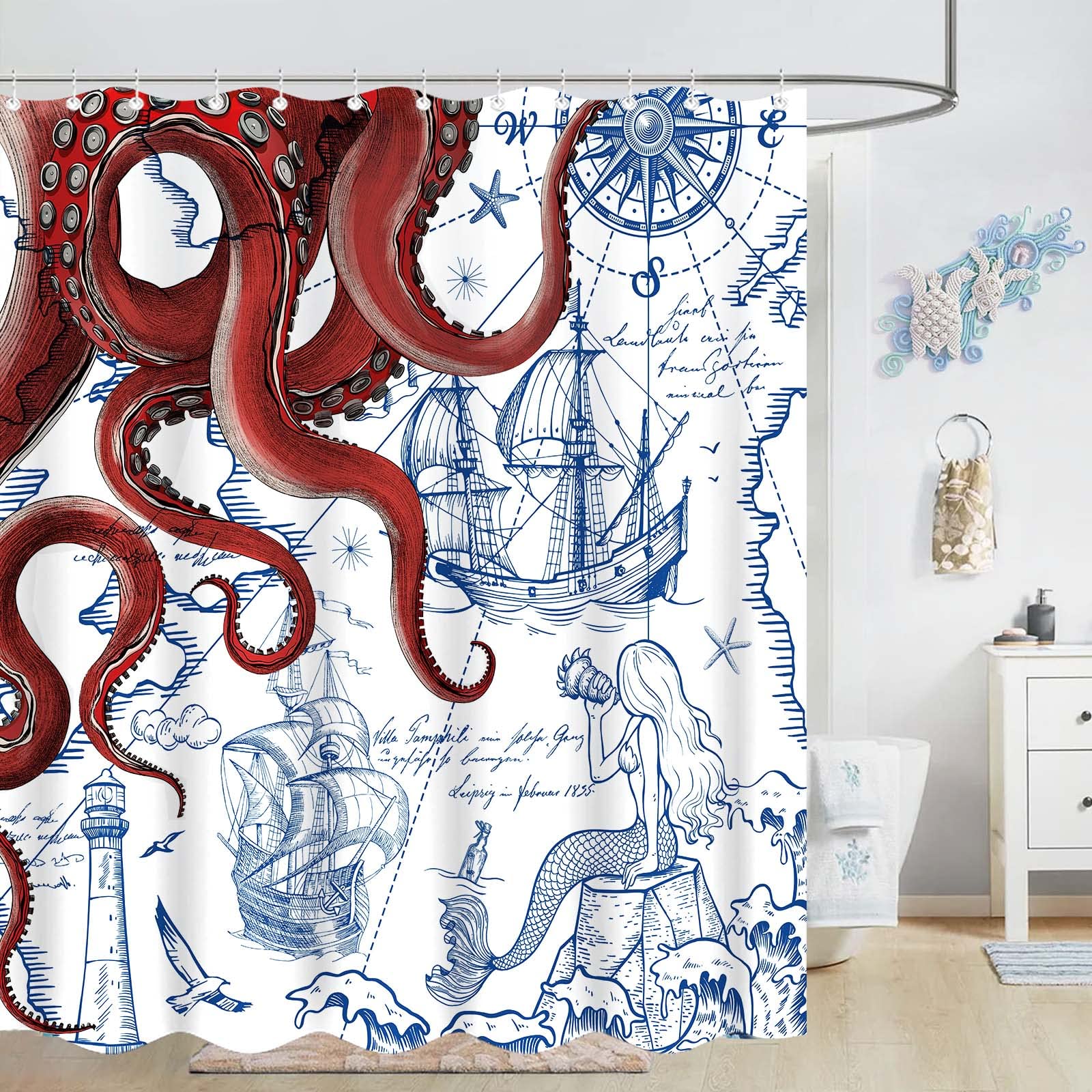 Fungarth Red Nautical Octopus Shower Curtain Navy Blue Mermaid Funny Ocean Kraken Shower Curtains For Bathroom Cool Anchor Coast