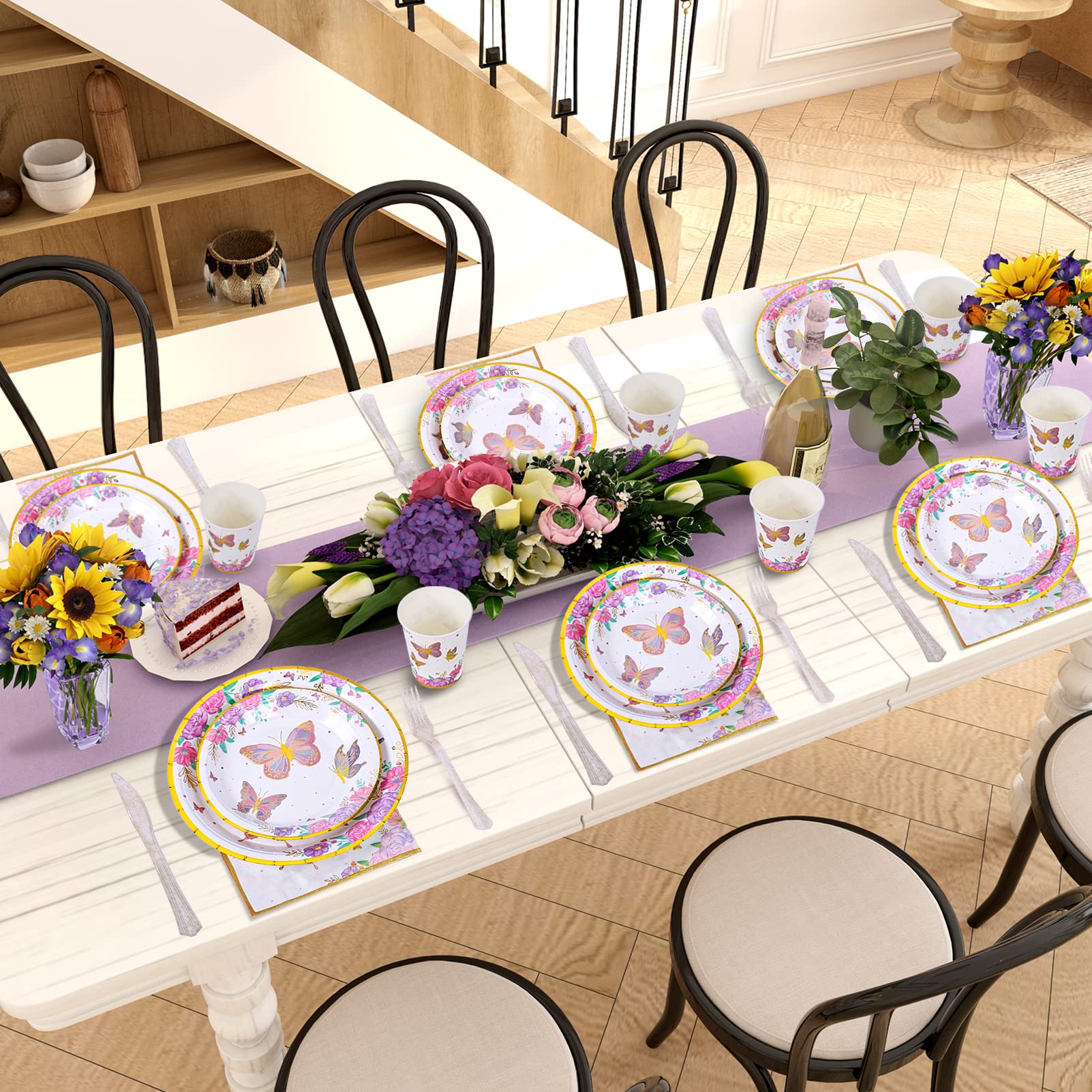 Atonofun Butterfly Birthday Party Supplies  Butterfly Party Plates  Cups  Napkins and Cutlery  Butterfly Party Decorations for Baby Shower  Birthday  Butterfly Fairy Themed Parties Serves 24
