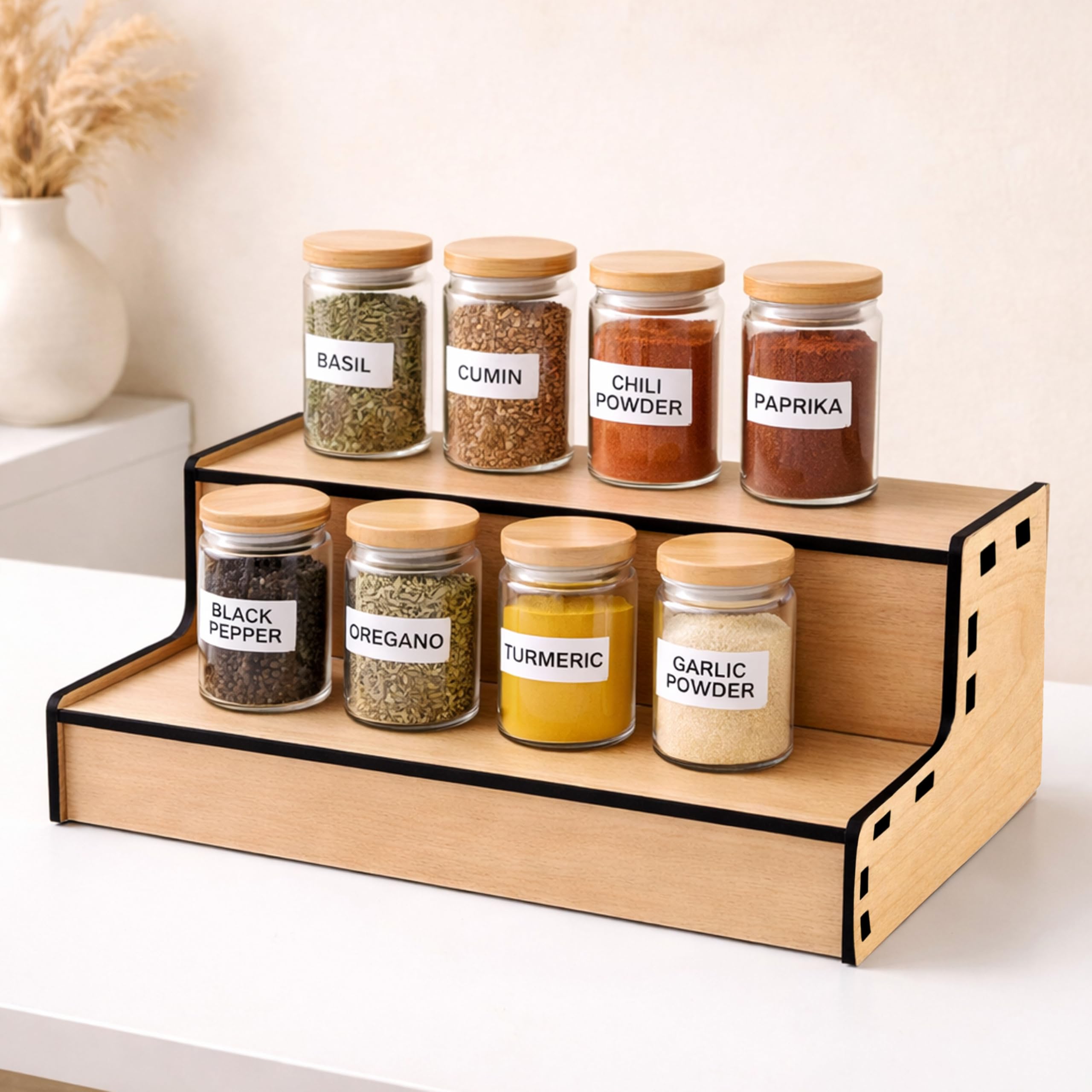 Solobolo 2 Tier Wooden Organizer Stand For Kitchen, Desk, Cosmetics & Stationery, Multipurpose Tabletop Shelf Rack, Mdf Counter 