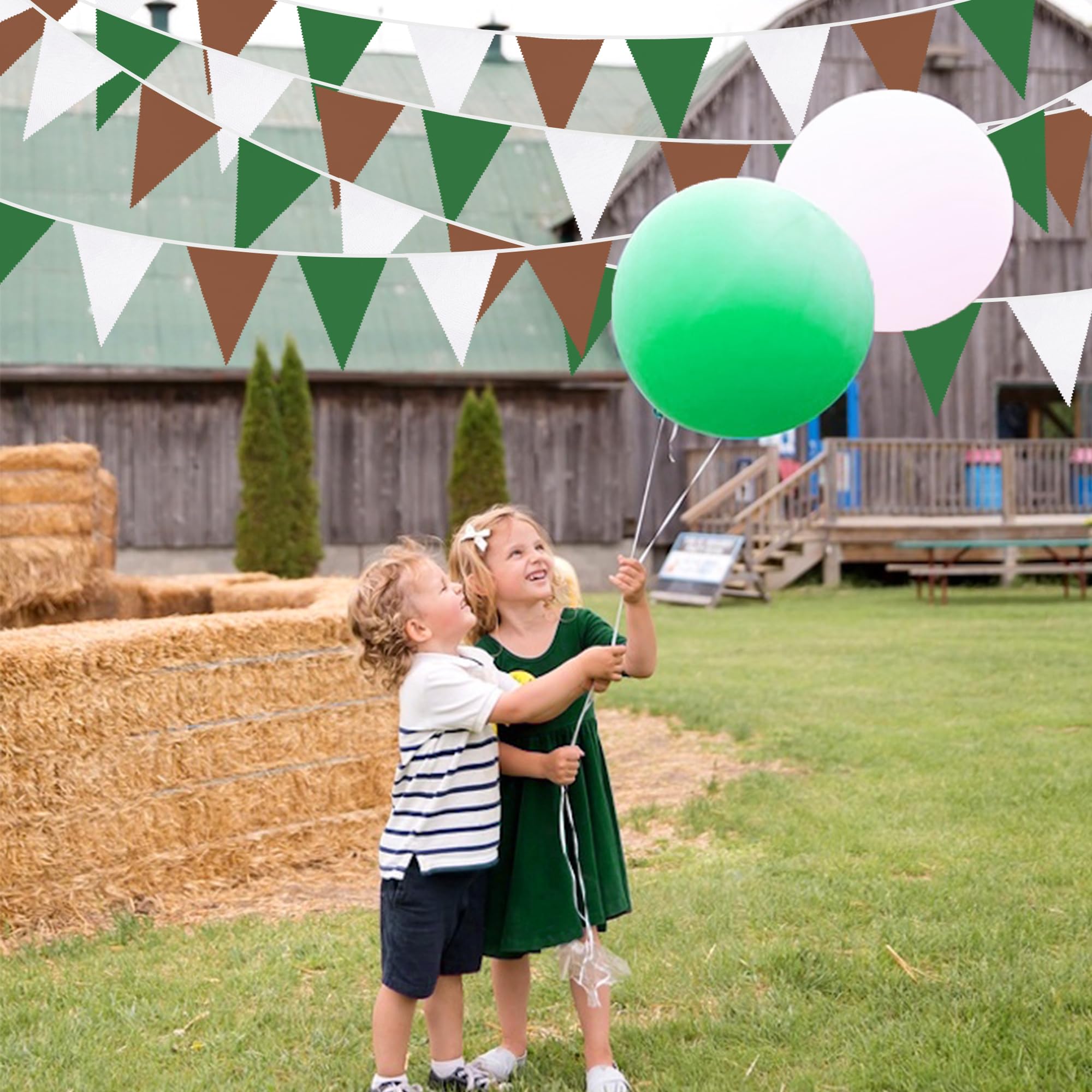 32Ft Green Brown White Party Decorations Brown Green Pennant Banner Fabric Triangle Flag Bunting Garland Streamers For Football