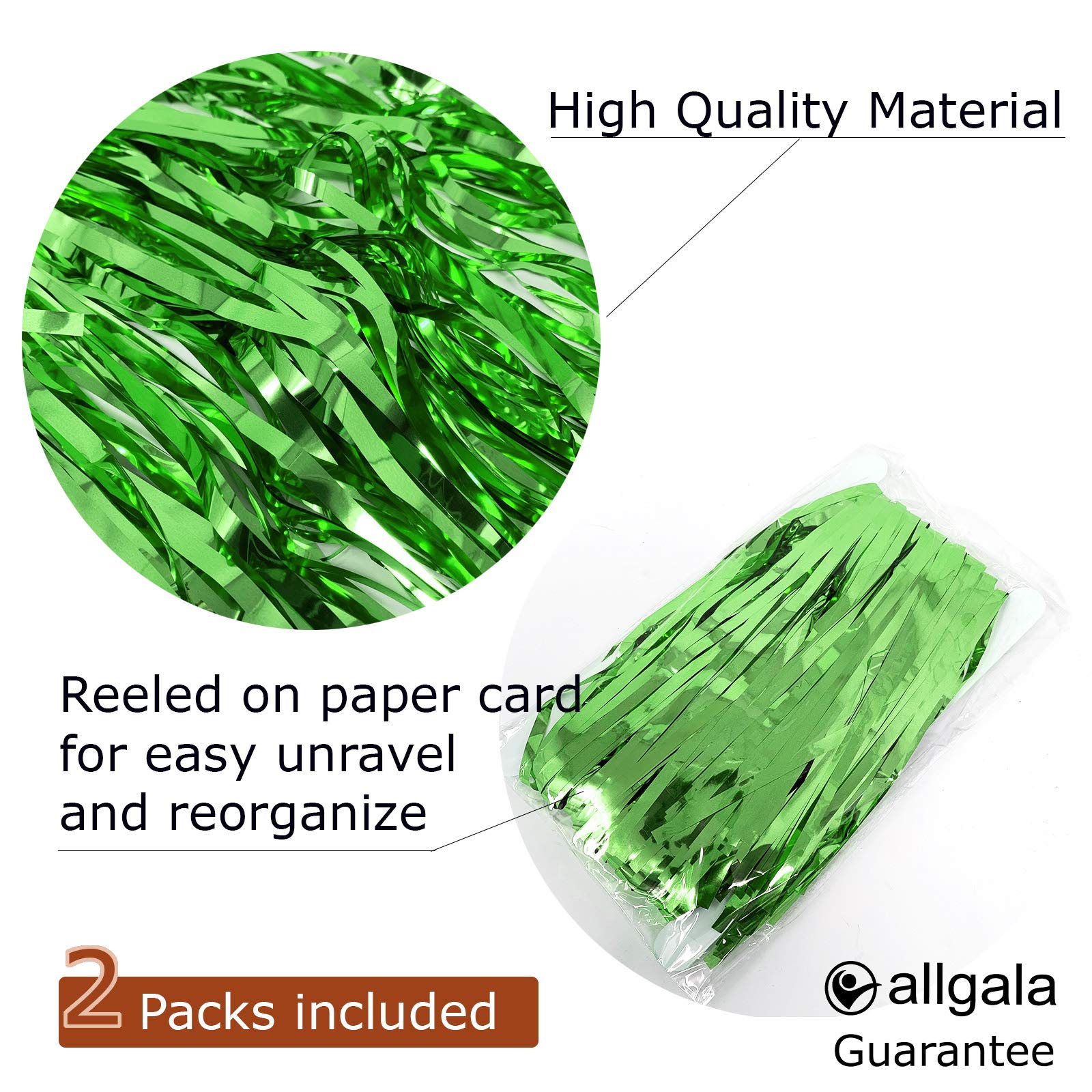 Allgala Green Tinsel Table Skirt 2-Pack 29X108 Inch Metallic Foil Fringe Table Skirts For Party Event, Parade Float, Party Decor