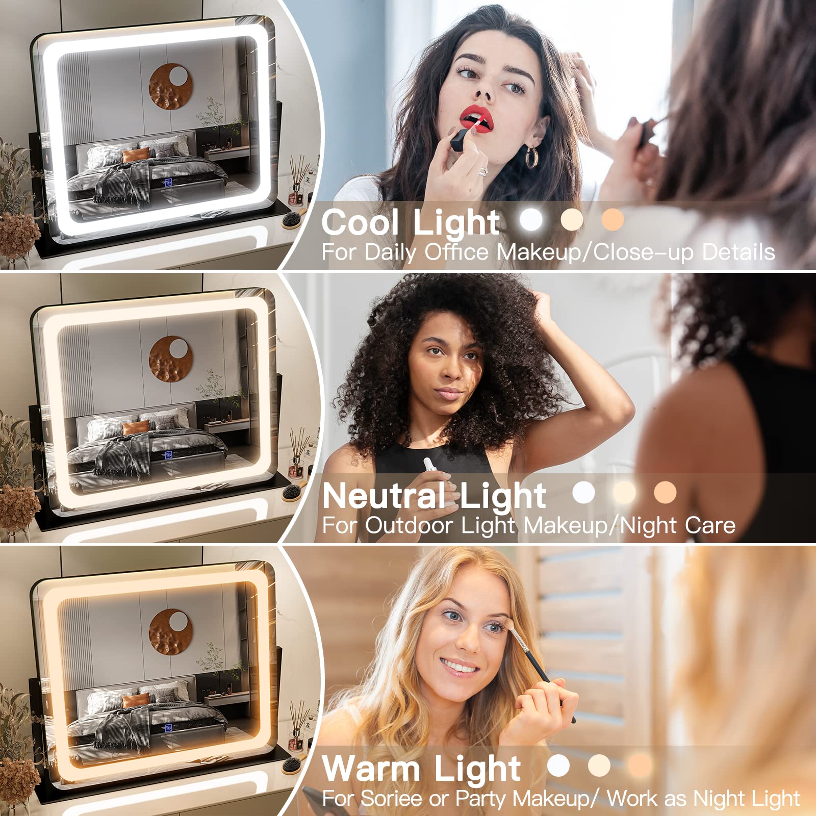 Fennio Vanity Mirror With Lights 22X17,Led Lighted Makeup Mirror,Large Makeup Mirror With Lights,Touch Screen With 3-Color Light